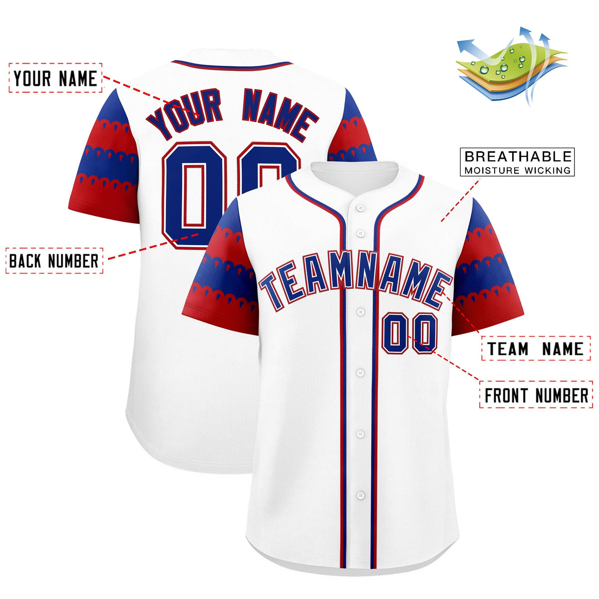 Custom White Red Royal Sleeve Flag Lace Baseball Jersey | Sublimation Printed & Embroidery,Add Name and Numbern,Perfect for Teams | KXKSHOP