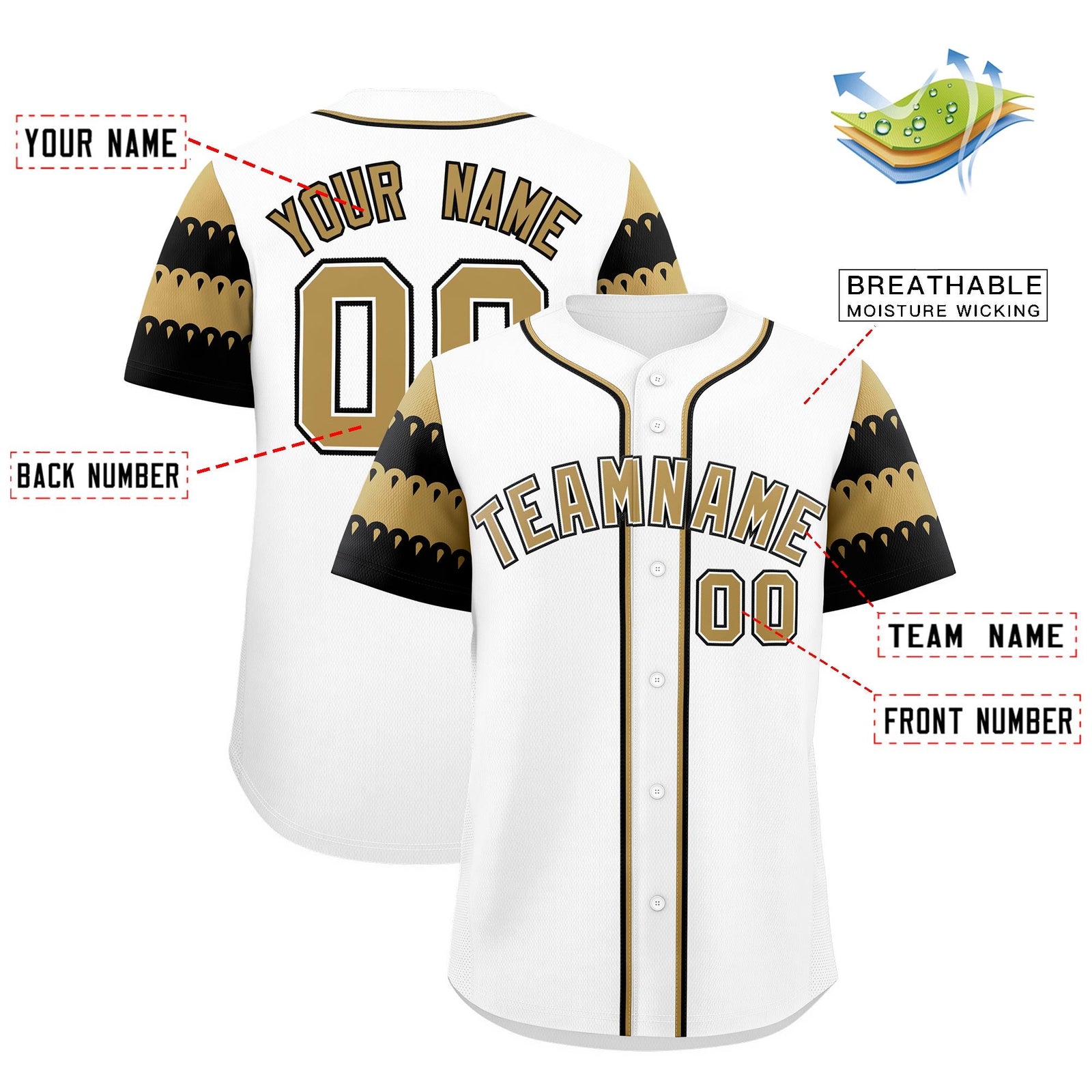 Custom White Old Gold Black Sleeve Flag Lace Baseball Jersey | Sublimation Printed & Embroidery,Add Name and Numbern,Perfect for Teams | KXKSHOP