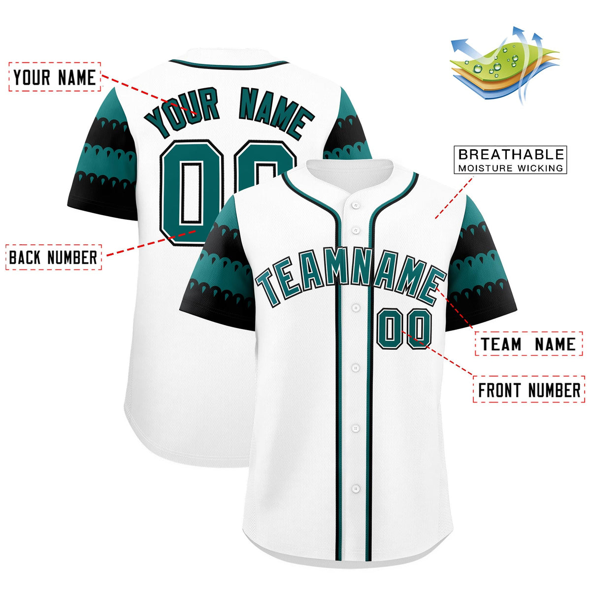 Custom White Teal Black Sleeve Flag Lace Baseball Jersey | Sublimation Printed &amp; Embroidery,Add Name and Numbern,Perfect for Teams | KXKSHOP