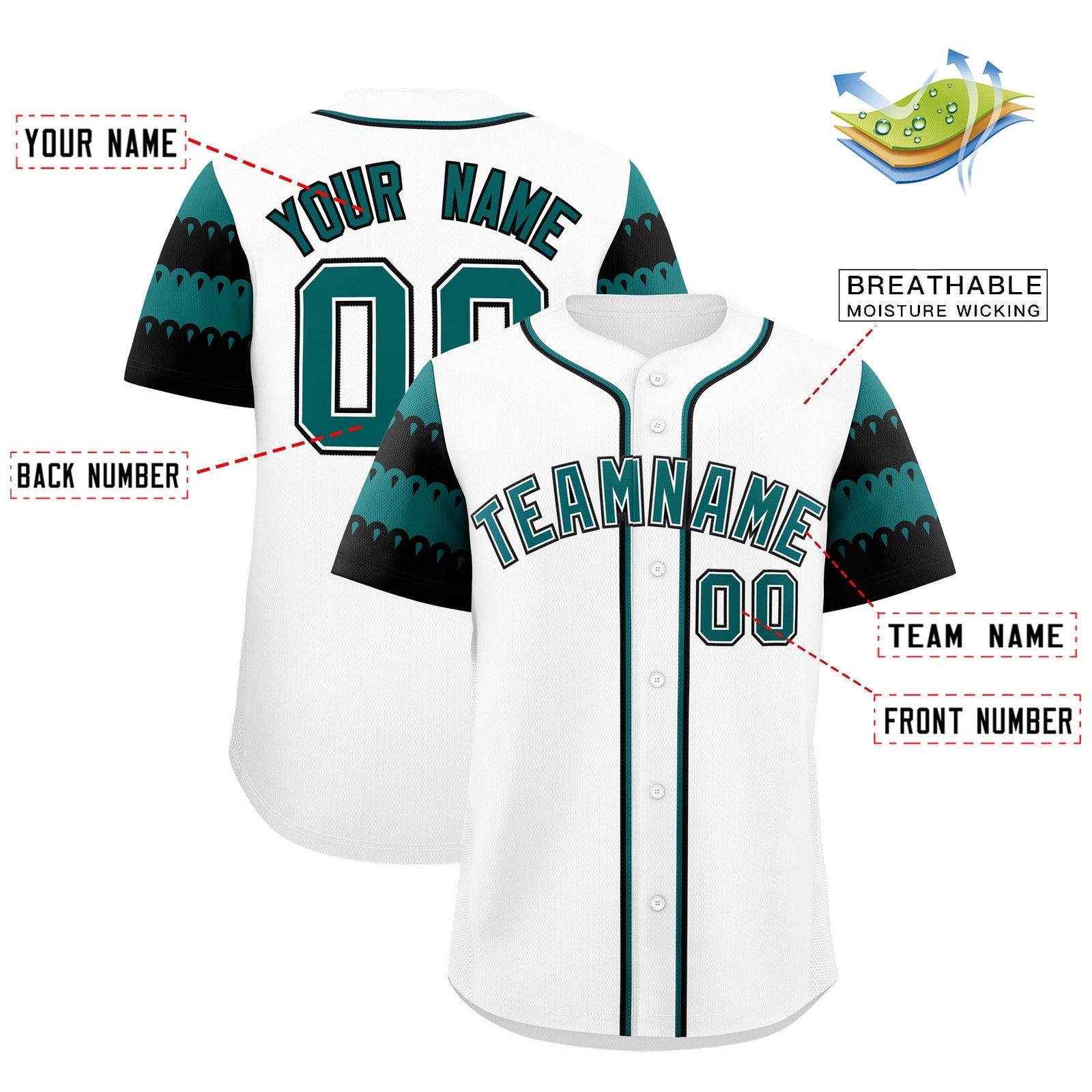 Custom White Teal Black Sleeve Flag Lace Baseball Jersey | Sublimation Printed & Embroidery,Add Name and Numbern,Perfect for Teams | KXKSHOP