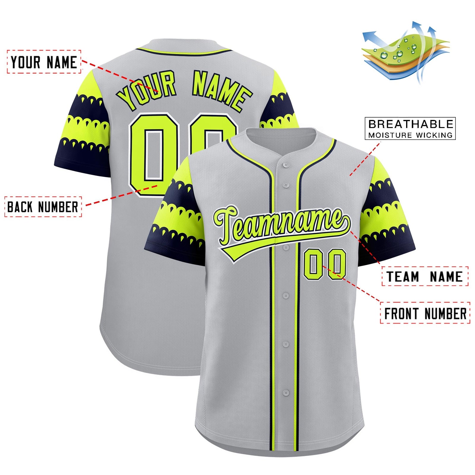 Custom Gray Navy Fluorescent Green Sleeve Flag Lace Baseball Jersey | Sublimation Printed & Embroidery,Add Name and Numbern,Perfect for Teams | KXKSHOP