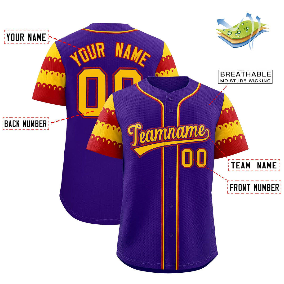 Custom Purple Gold Red Sleeve Flag Lace Baseball Jersey | Sublimation Printed & Embroidery,Add Name and Numbern,Perfect for Teams | KXKSHOP