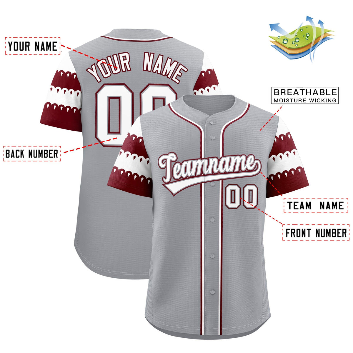 Custom Gray Maroon White Sleeve Flag Lace Baseball Jersey | Sublimation Printed & Embroidery,Add Name and Numbern,Perfect for Teams | KXKSHOP