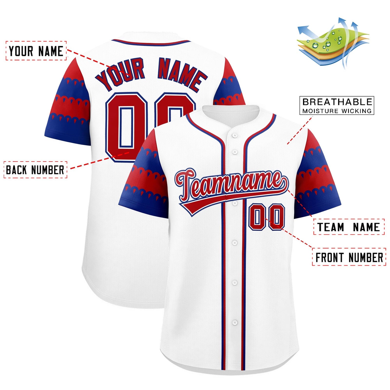 Custom White Royal Red Sleeve Flag Lace Baseball Jersey | Sublimation Printed & Embroidery,Add Name and Numbern,Perfect for Teams | KXKSHOP