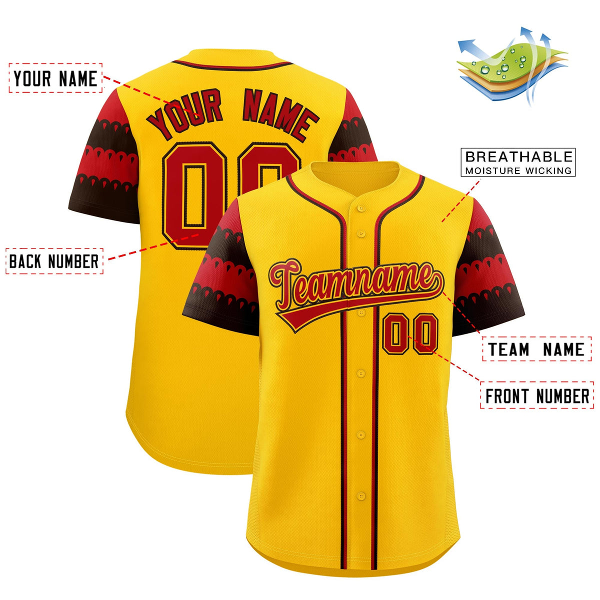 Custom Gold Red Black Sleeve Flag Lace Baseball Jersey | Sublimation Printed & Embroidery,Add Name and Numbern,Perfect for Teams | KXKSHOP