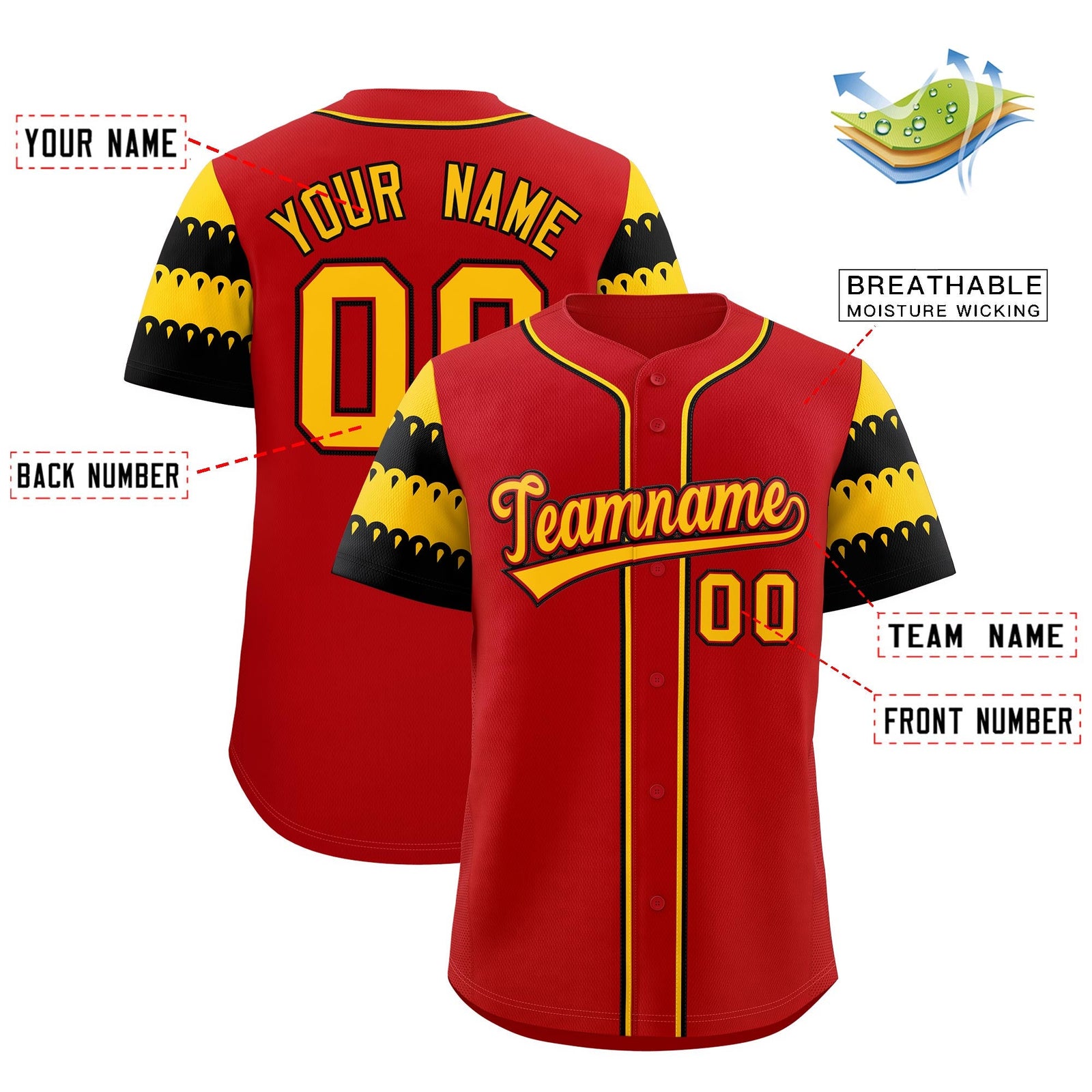 Custom Red Gold Black Sleeve Flag Lace Baseball Jersey | Sublimation Printed & Embroidery,Add Name and Numbern,Perfect for Teams | KXKSHOP