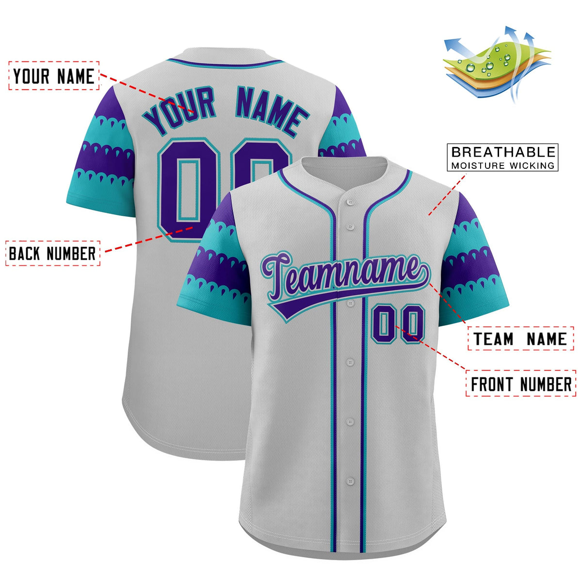 Custom Gray Aqua Purple Sleeve Flag Lace Baseball Jersey | Sublimation Printed & Embroidery,Add Name and Numbern,Perfect for Teams | KXKSHOP