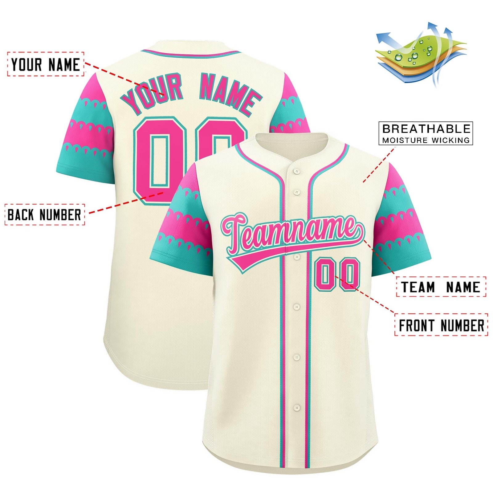 Custom Cream Pink Aqua Sleeve Flag Lace Baseball Jersey | Sublimation Printed & Embroidery,Add Name and Numbern,Perfect for Teams | KXKSHOP