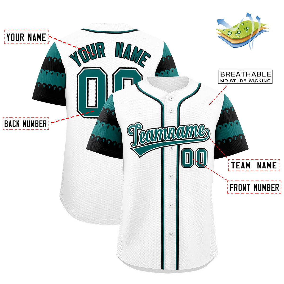 Custom White Teal Black Sleeve Flag Lace Baseball Jersey | Sublimation Printed &amp; Embroidery,Add Name and Numbern,Perfect for Teams | KXKSHOP