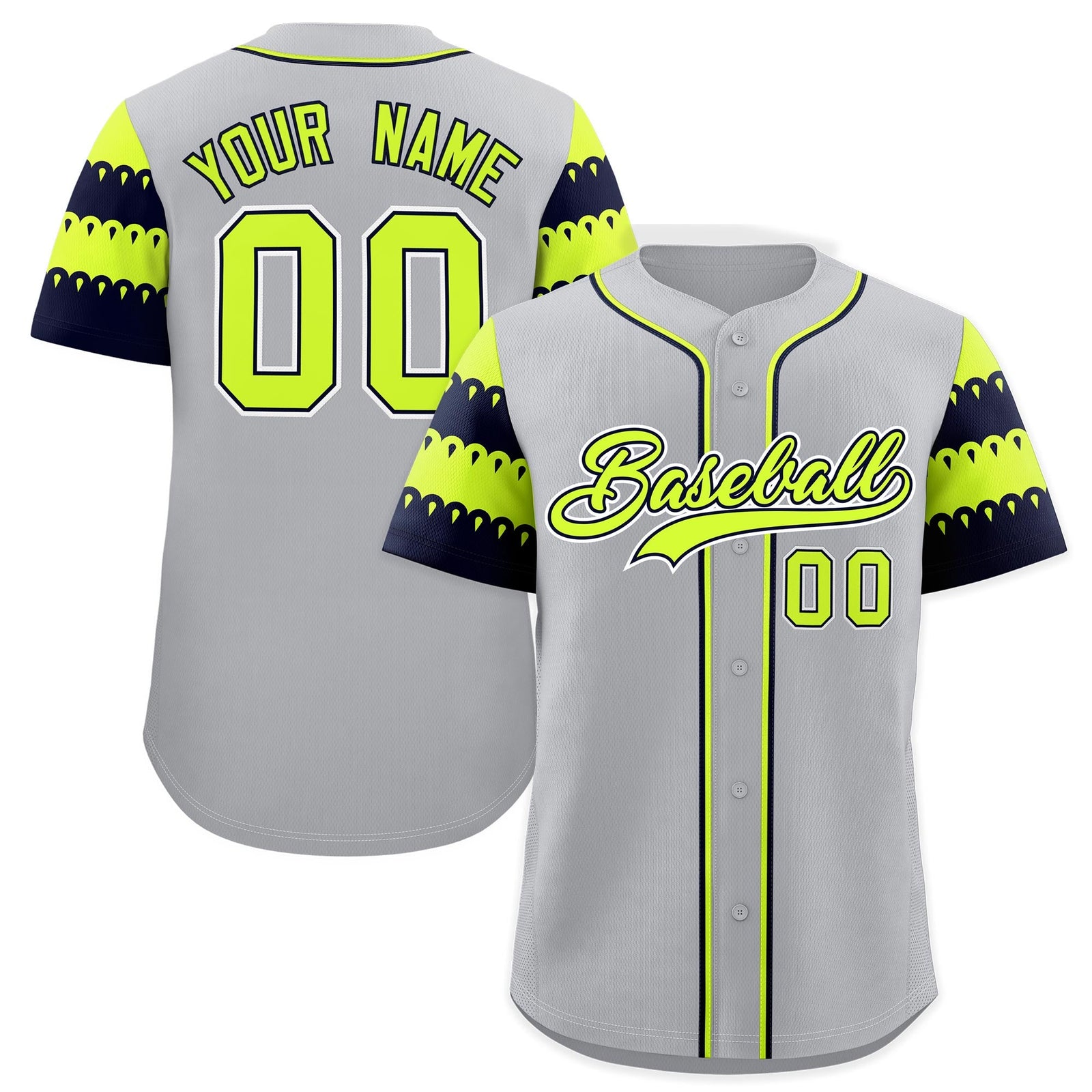 Custom Gray Navy Fluorescent Green Sleeve Flag Lace Baseball Jersey | Sublimation Printed & Embroidery,Add Name and Numbern,Perfect for Teams | KXKSHOP