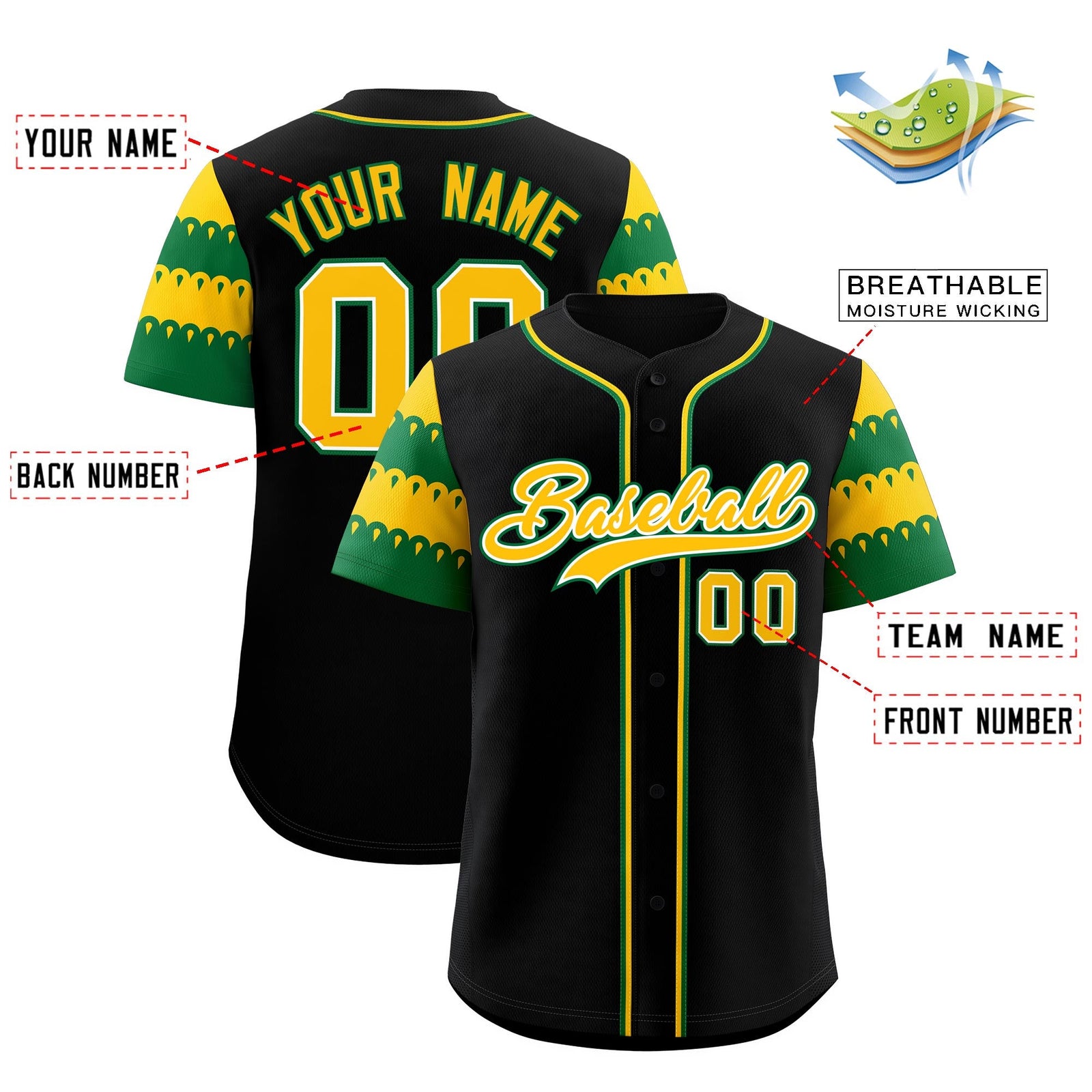 Custom Black Kelly Green Gold Sleeve Flag Lace Baseball Jersey | Sublimation Printed & Embroidery,Add Name and Numbern,Perfect for Teams | KXKSHOP