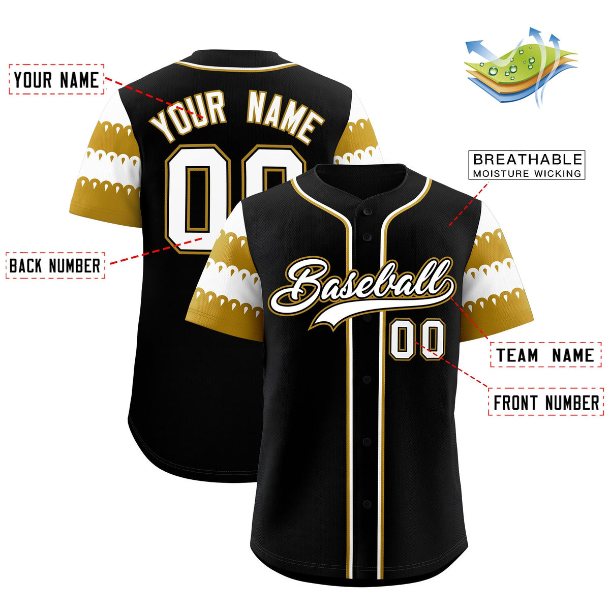 Custom Black Old Gold White Sleeve Flag Lace Baseball Jersey | Sublimation Printed &amp; Embroidery,Add Name and Numbern,Perfect for Teams | KXKSHOP