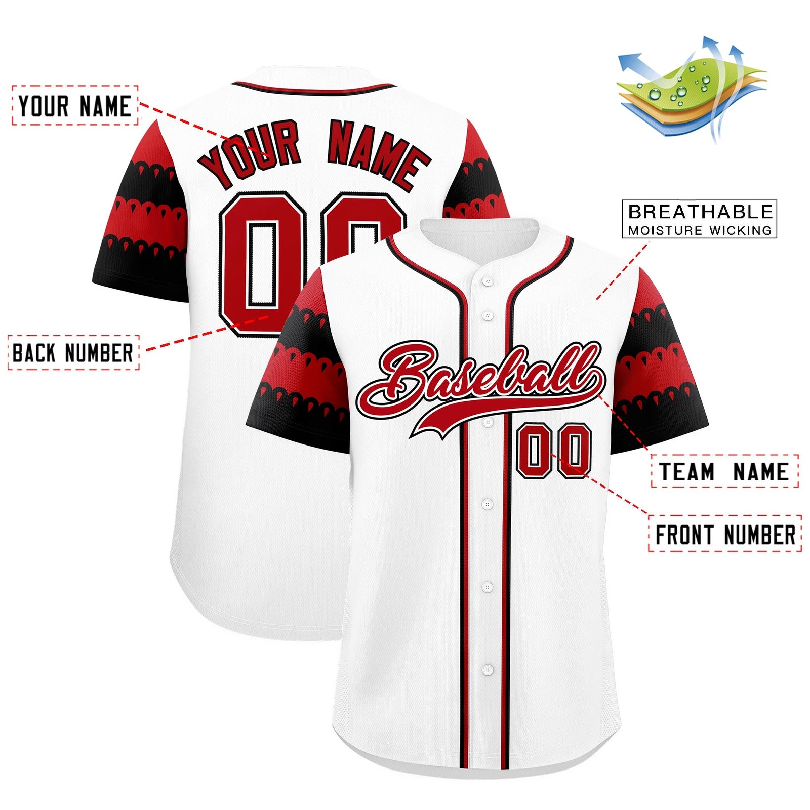 Custom White Red Black Sleeve Flag Lace Baseball Jersey | Sublimation Printed & Embroidery,Add Name and Numbern,Perfect for Teams | KXKSHOP