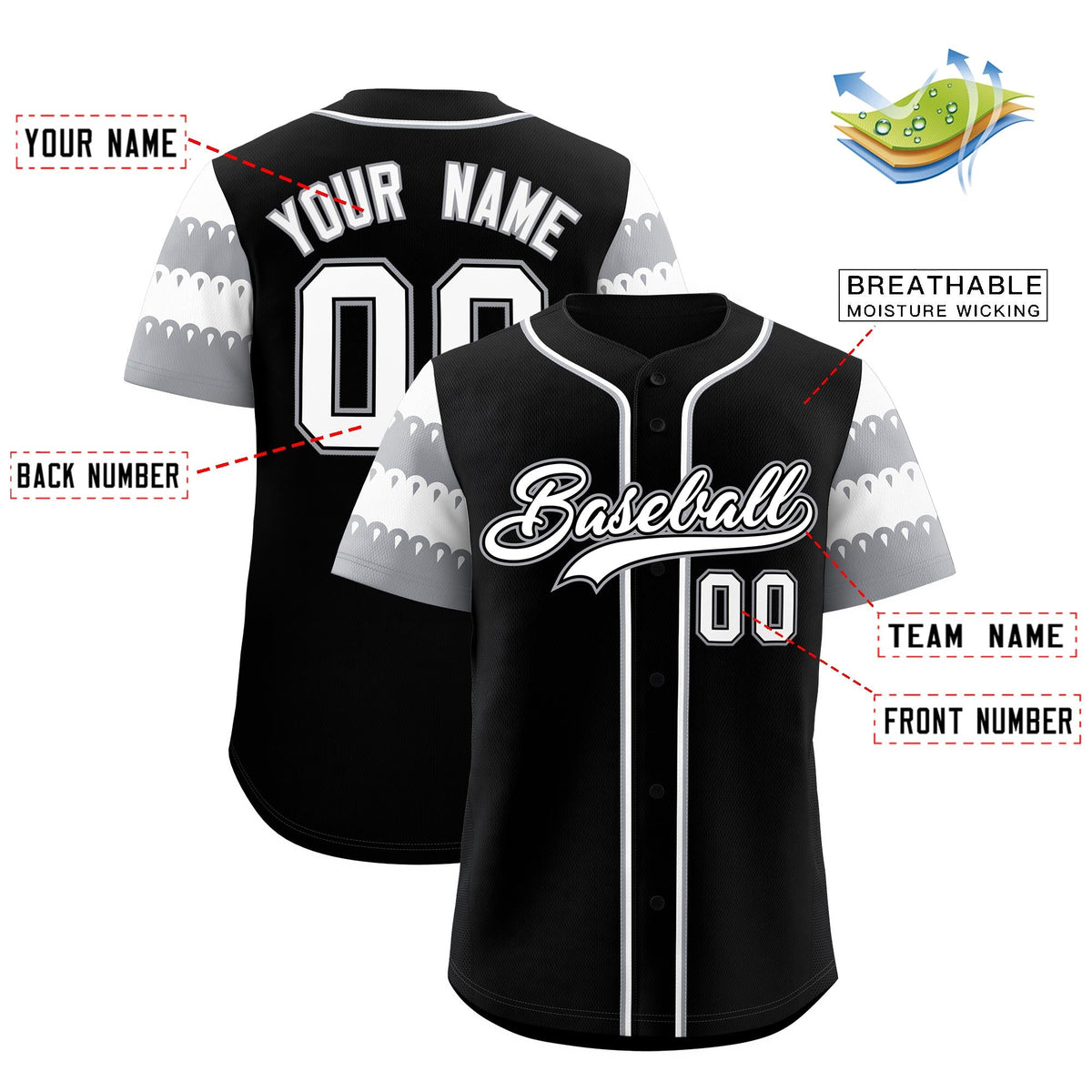 Custom Black Gray White Sleeve Flag Lace Baseball Jersey | Sublimation Printed & Embroidery,Add Name and Numbern,Perfect for Teams | KXKSHOP