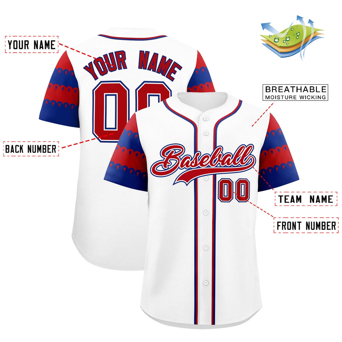 Custom White Royal Red Sleeve Flag Lace Baseball Jersey | Sublimation Printed & Embroidery,Add Name and Numbern,Perfect for Teams | KXKSHOP