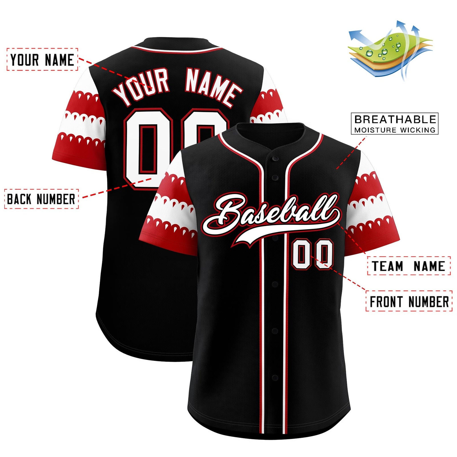 Custom Black Red White Sleeve Flag Lace Baseball Jersey | Sublimation Printed & Embroidery,Add Name and Numbern,Perfect for Teams | KXKSHOP