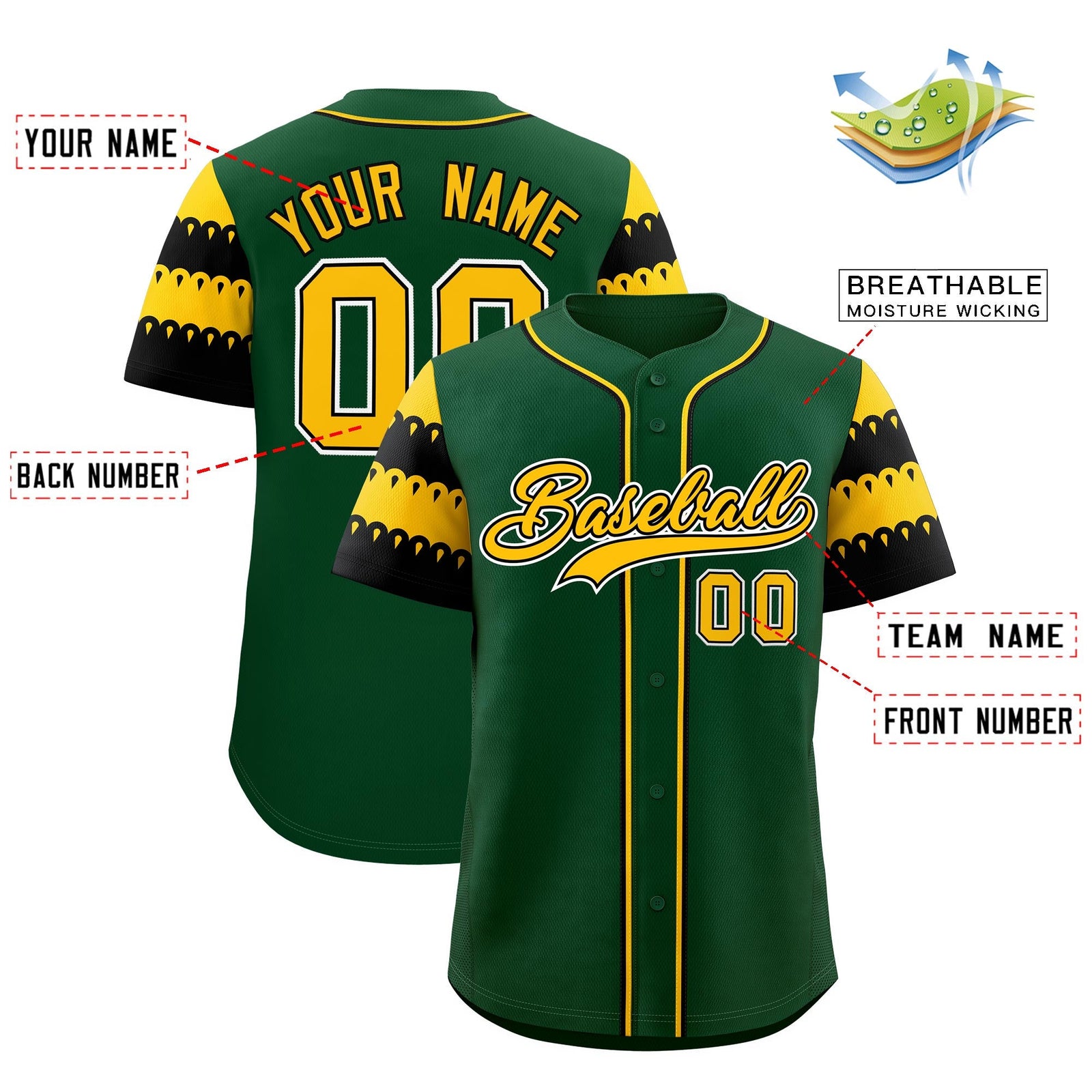 Custom Green Gold Black Sleeve Flag Lace Baseball Jersey | Sublimation Printed & Embroidery,Add Name and Numbern,Perfect for Teams | KXKSHOP