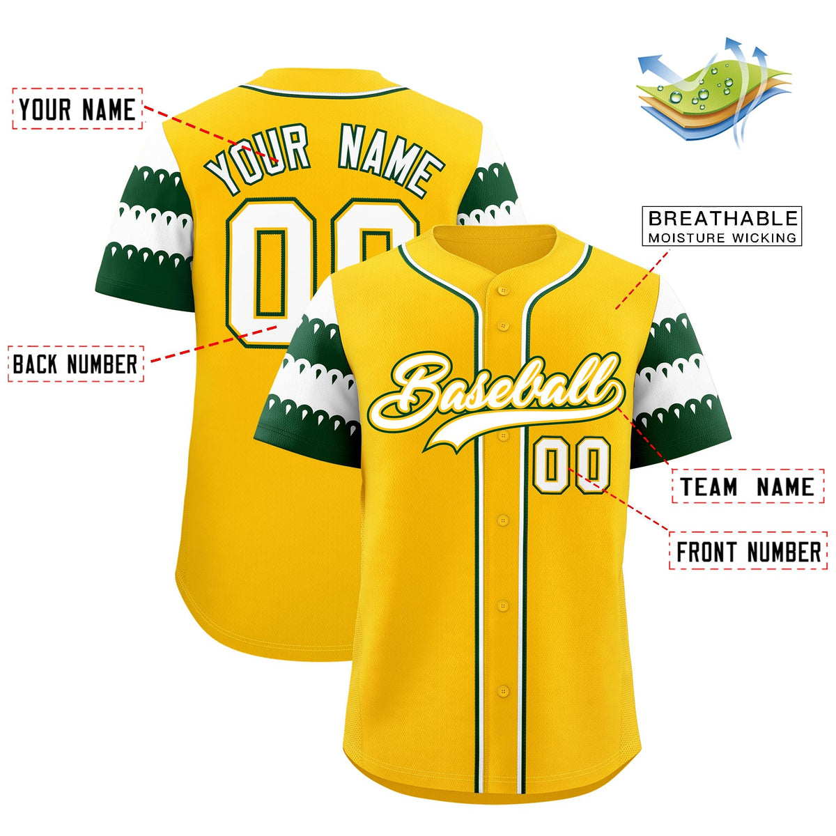 Custom Gold Green White Sleeve Flag Lace Baseball Jersey | Sublimation Printed & Embroidery,Add Name and Numbern,Perfect for Teams | KXKSHOP