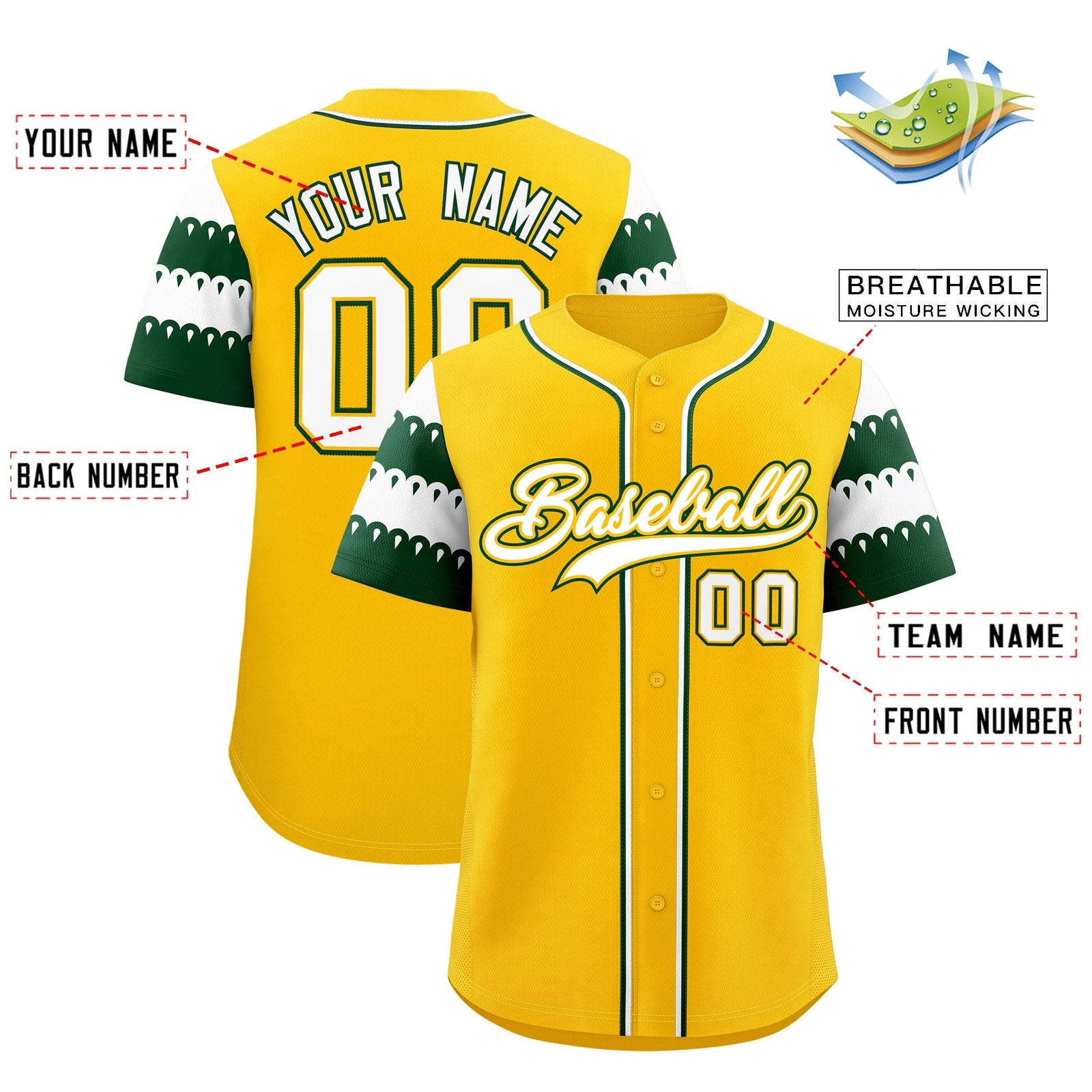 Custom Gold Green White Sleeve Flag Lace Baseball Jersey | Sublimation Printed & Embroidery,Add Name and Numbern,Perfect for Teams | KXKSHOP