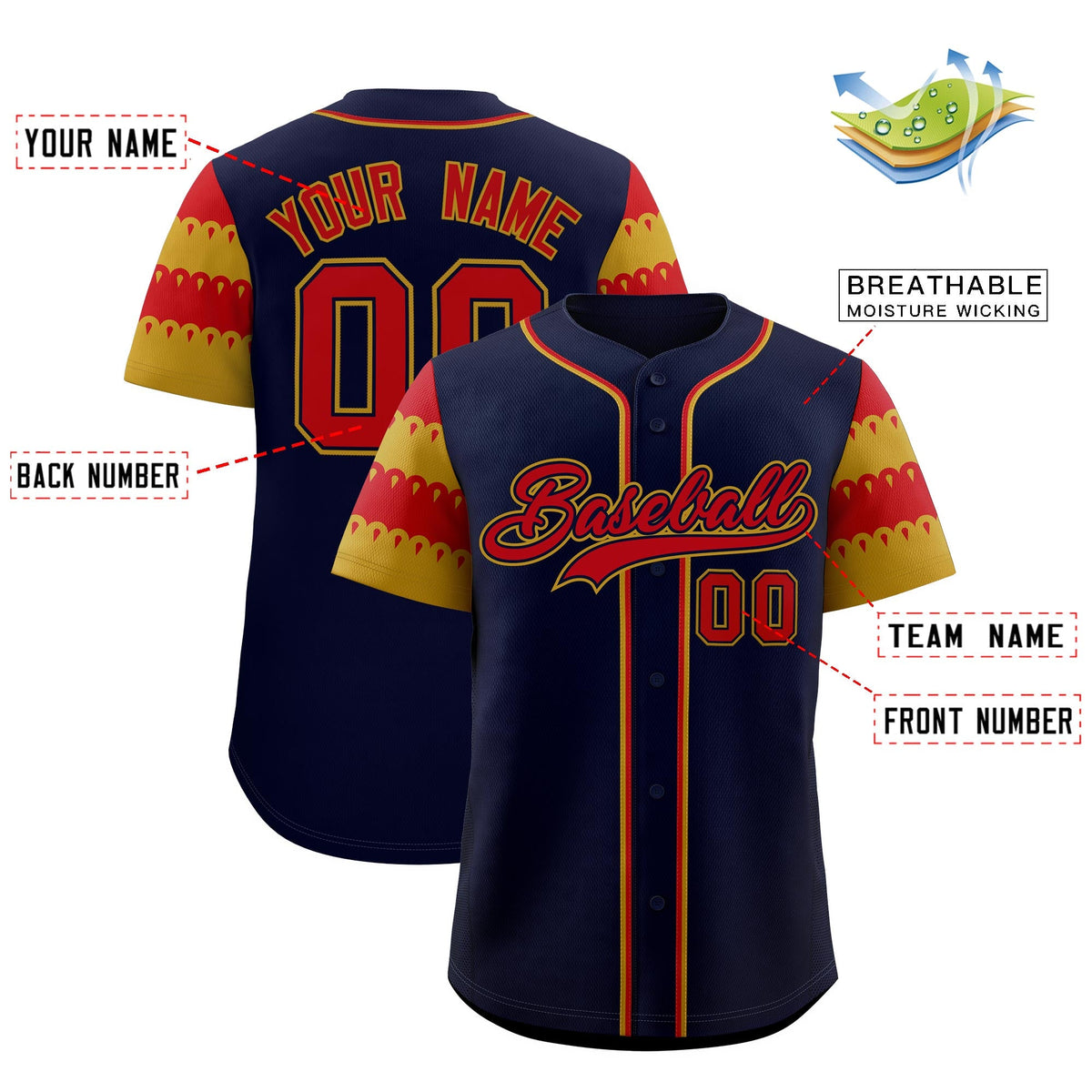 Custom Navy Old Gold Red Sleeve Flag Lace Baseball Jersey | Sublimation Printed &amp; Embroidery,Add Name and Numbern,Perfect for Teams | KXKSHOP