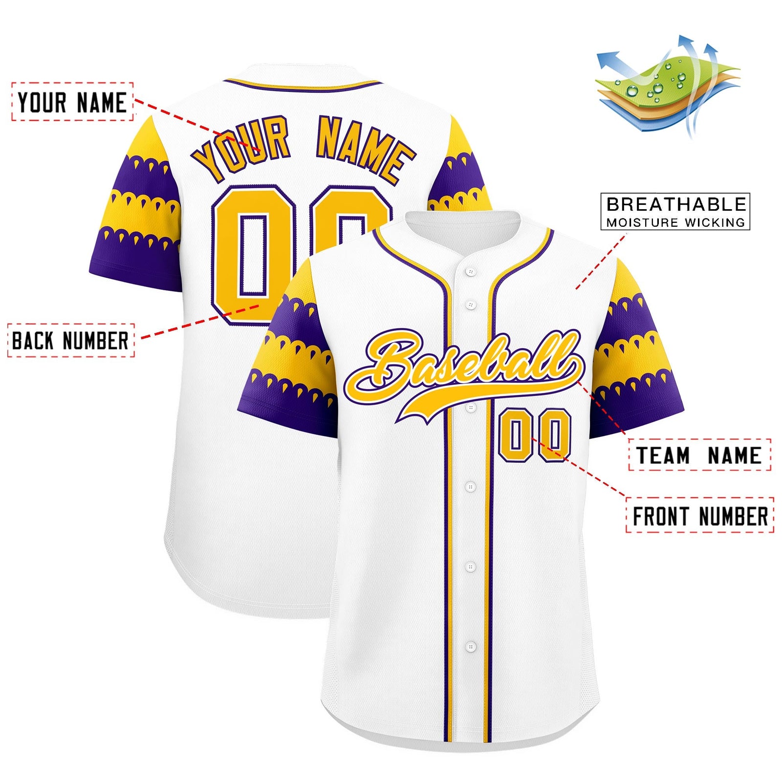 Custom White Gold Purple Sleeve Flag Lace Baseball Jersey | Sublimation Printed & Embroidery,Add Name and Numbern,Perfect for Teams | KXKSHOP