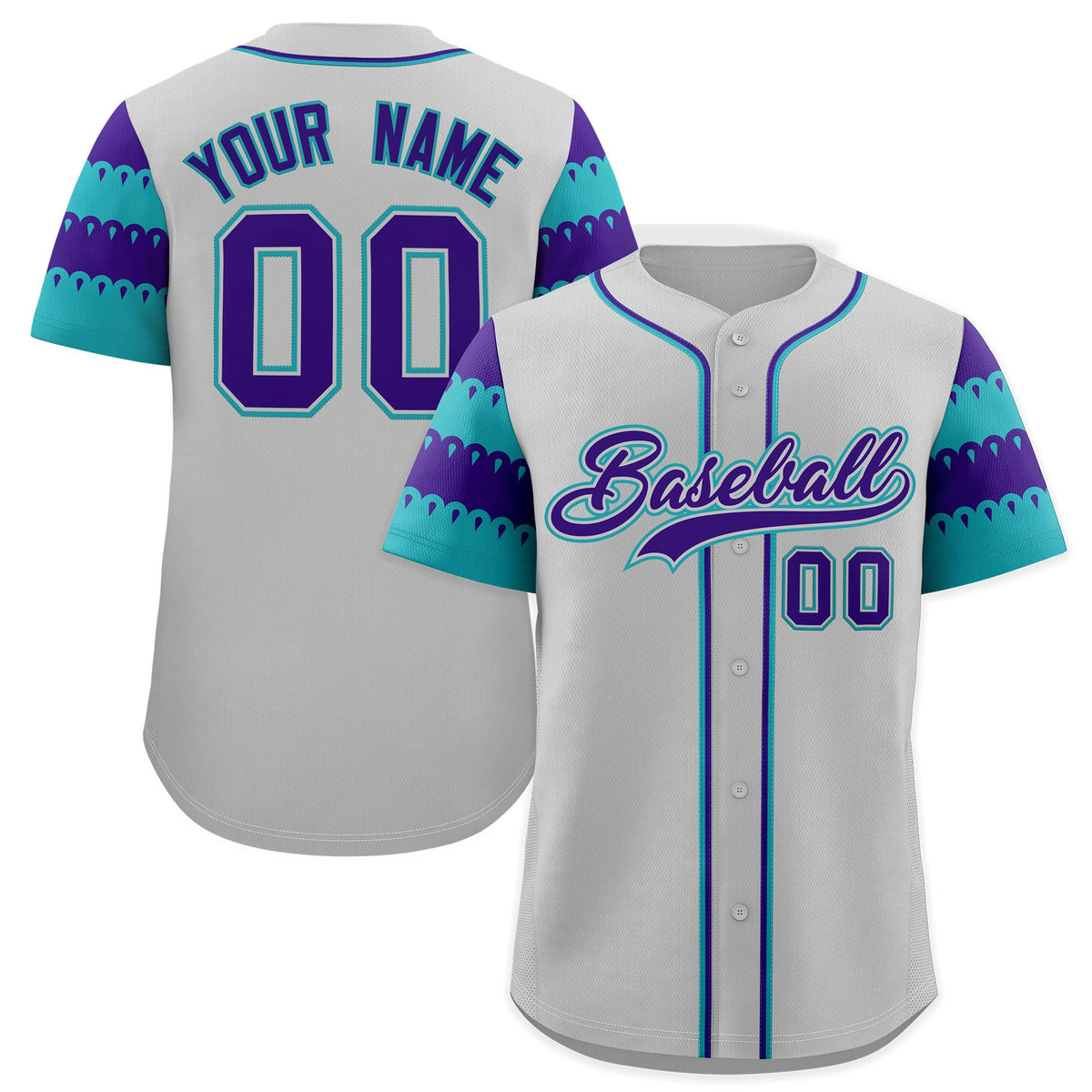 Custom Gray Aqua Purple Sleeve Flag Lace Baseball Jersey | Sublimation Printed & Embroidery,Add Name and Numbern,Perfect for Teams | KXKSHOP