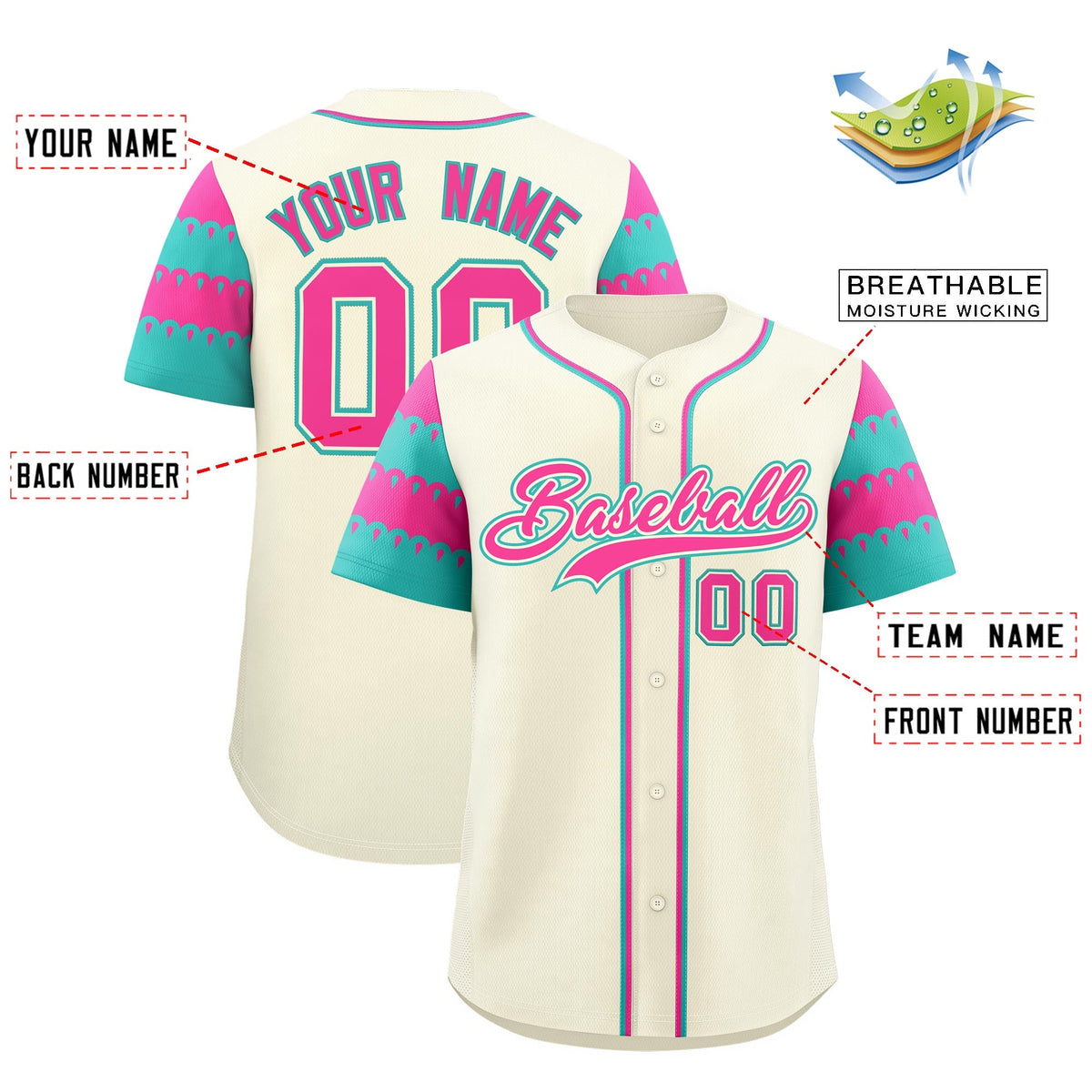 Custom Cream Pink Aqua Sleeve Flag Lace Baseball Jersey | Sublimation Printed & Embroidery,Add Name and Numbern,Perfect for Teams | KXKSHOP