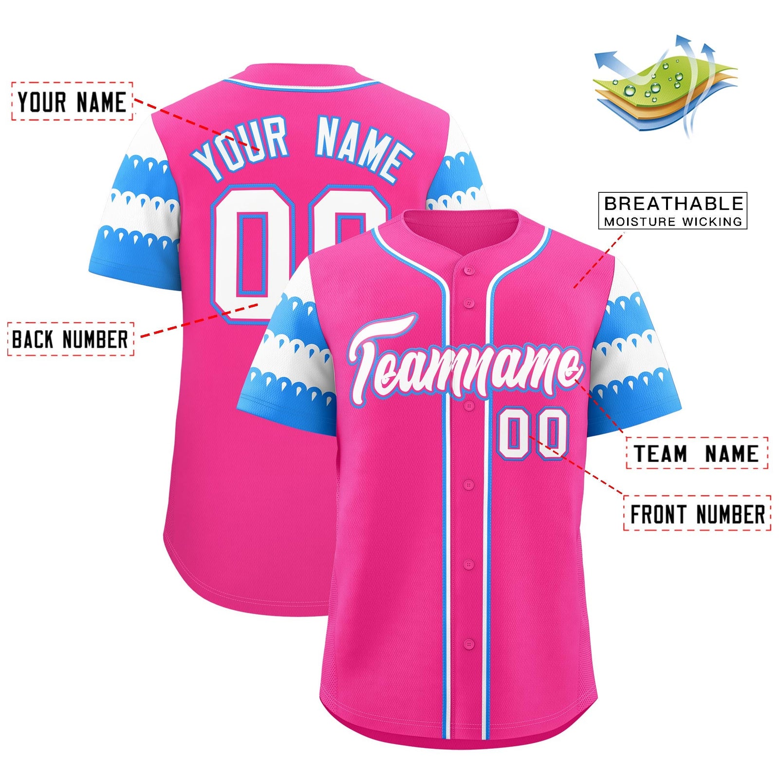 Custom Pink Powder Blue White Sleeve Flag Lace Baseball Jersey | Sublimation Printed & Embroidery,Add Name and Numbern,Perfect for Teams | KXKSHOP