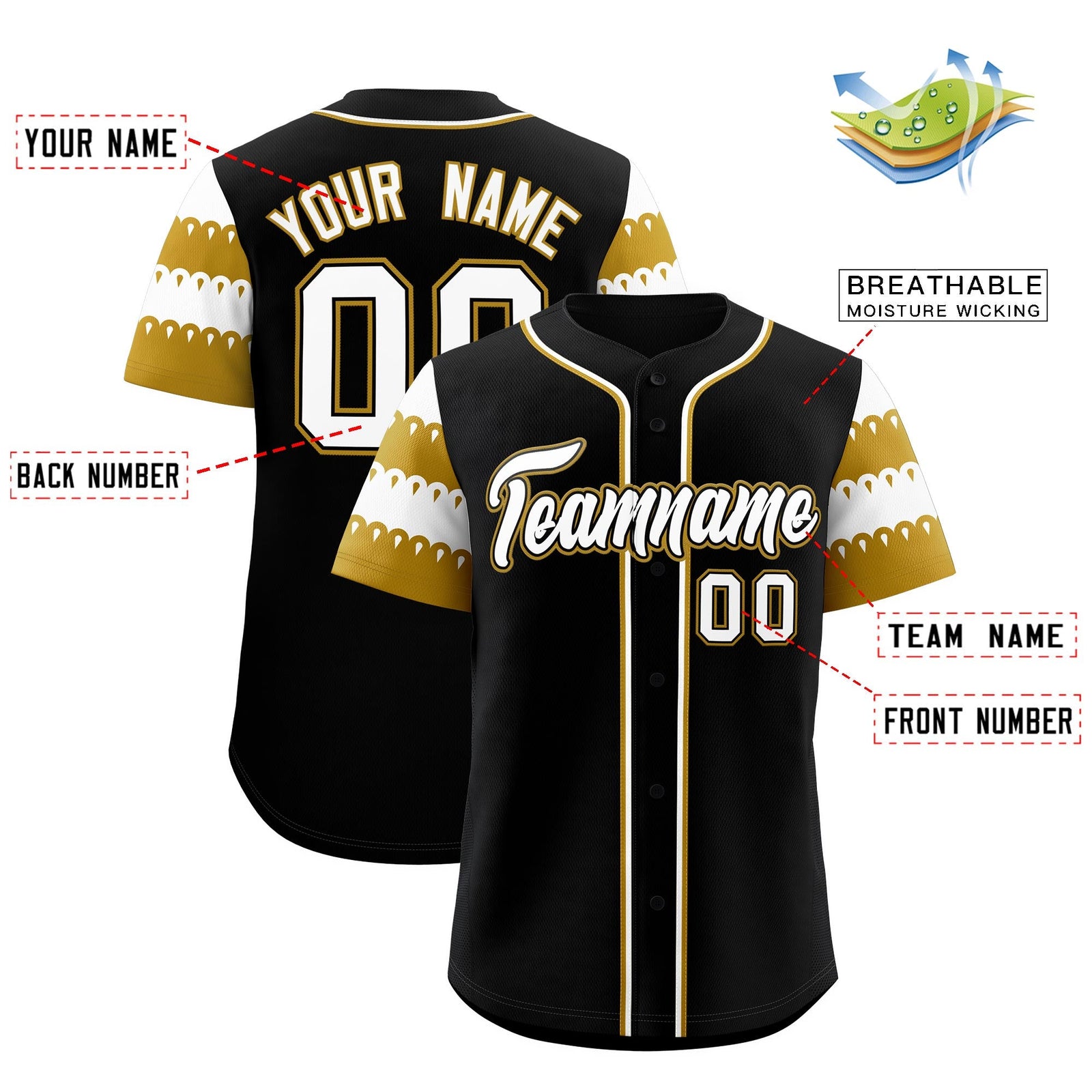 Custom Black Old Gold White Sleeve Flag Lace Baseball Jersey | Sublimation Printed & Embroidery,Add Name and Numbern,Perfect for Teams | KXKSHOP