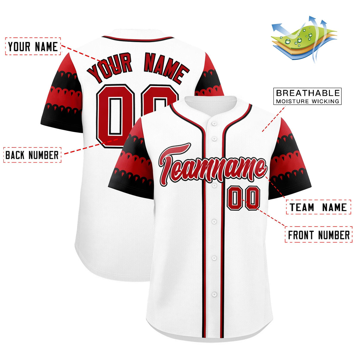 Custom White Red Black Sleeve Flag Lace Baseball Jersey | Sublimation Printed & Embroidery,Add Name and Numbern,Perfect for Teams | KXKSHOP