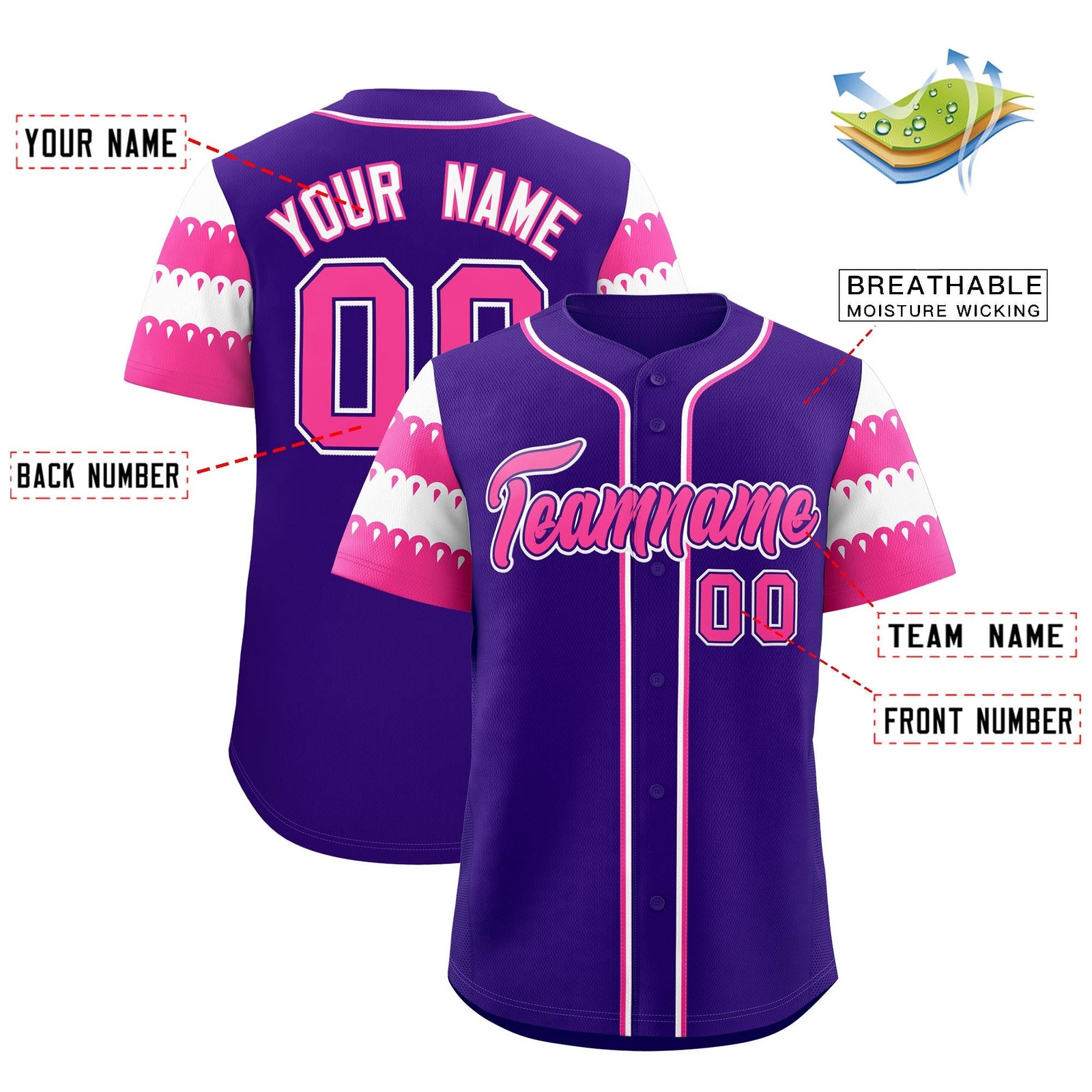 Custom Purple Pink White Sleeve Flag Lace Baseball Jersey | Sublimation Printed & Embroidery,Add Name and Numbern,Perfect for Teams | KXKSHOP