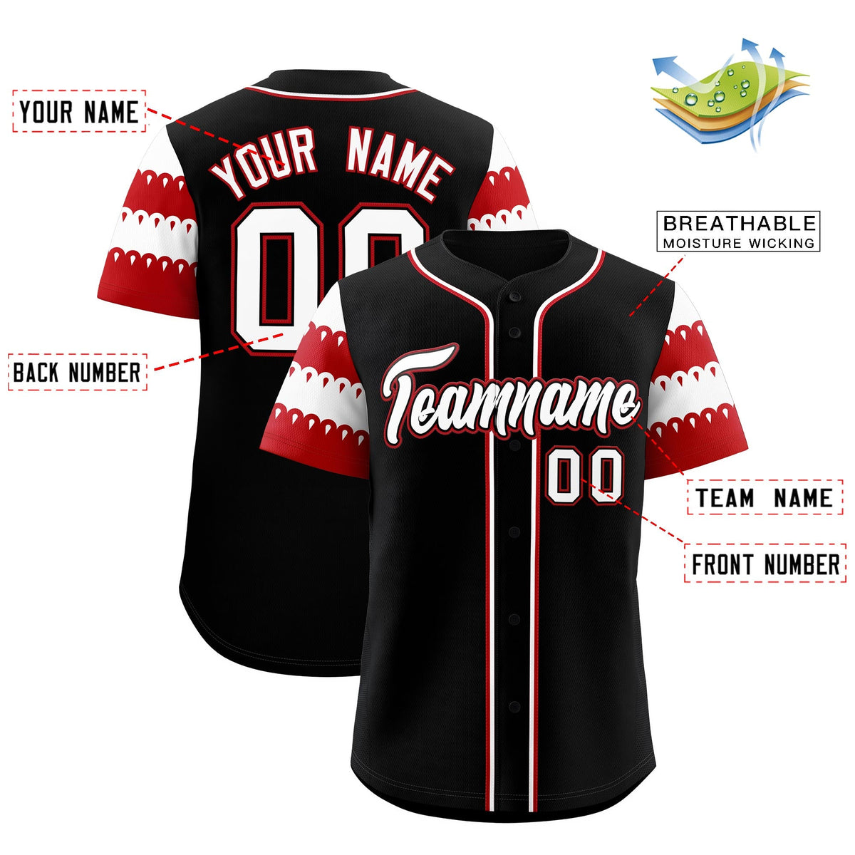 Custom Black Red White Sleeve Flag Lace Baseball Jersey | Sublimation Printed & Embroidery,Add Name and Numbern,Perfect for Teams | KXKSHOP