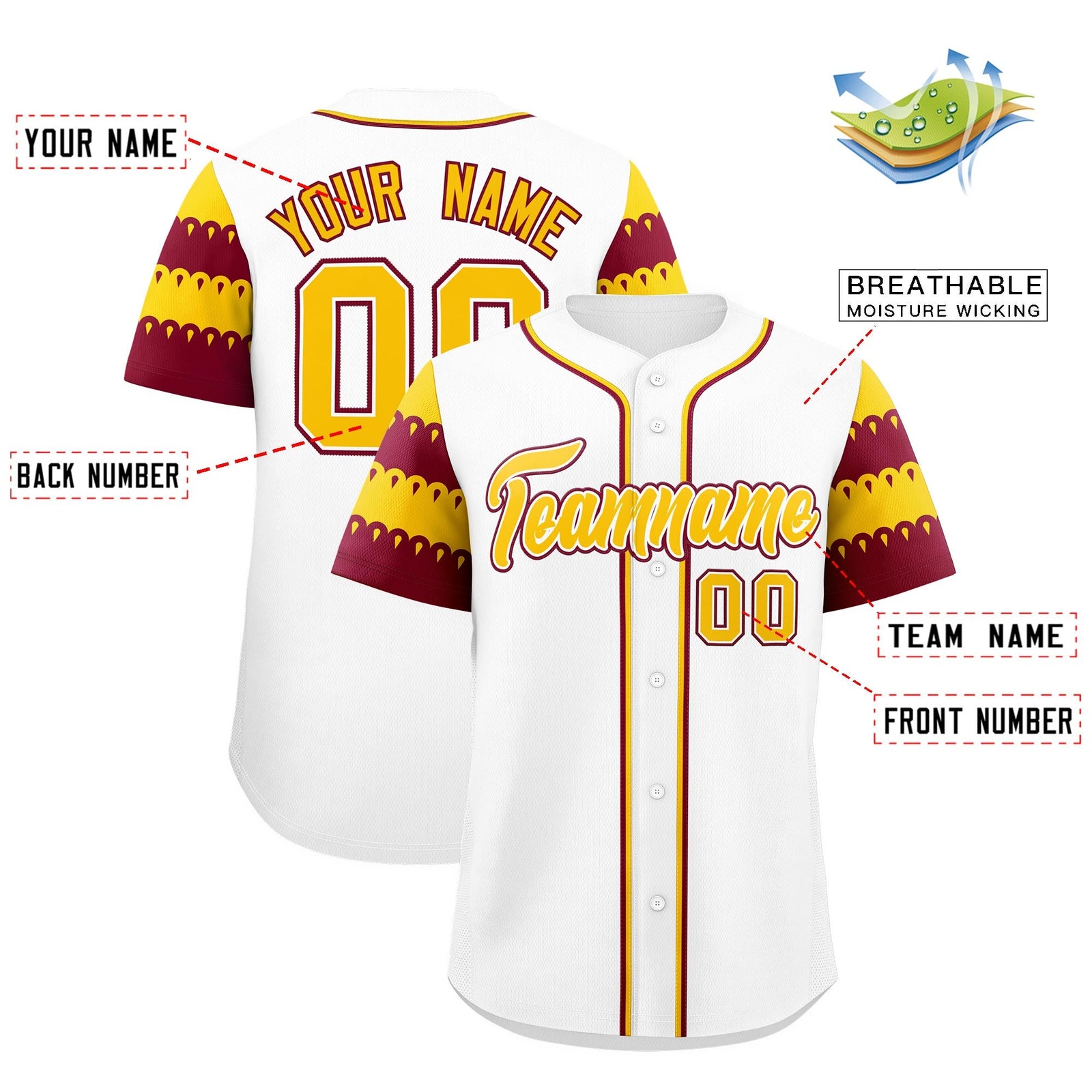 Custom White Crimson Gold Sleeve Flag Lace Baseball Jersey | Sublimation Printed & Embroidery,Add Name and Numbern,Perfect for Teams | KXKSHOP