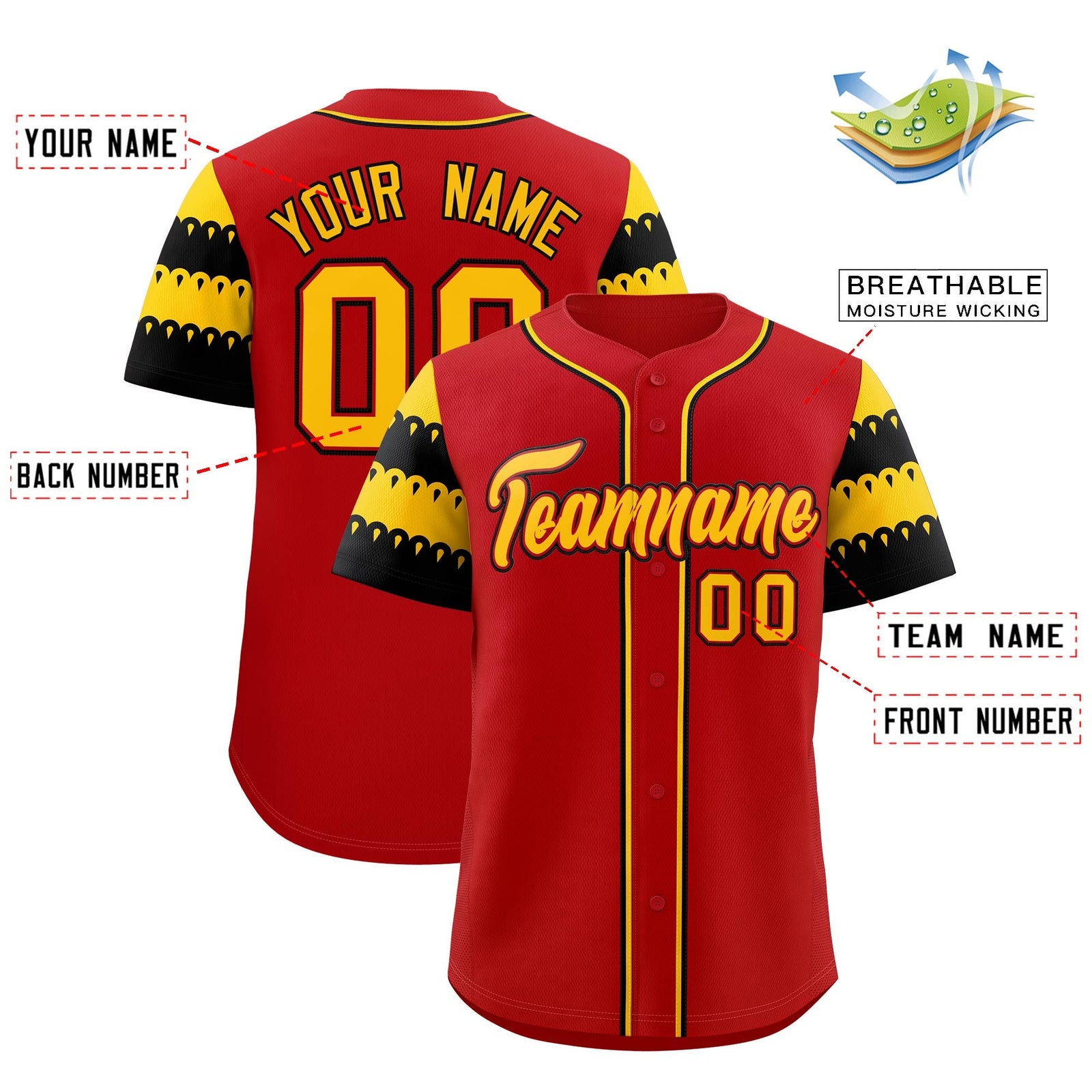 Custom Red Gold Black Sleeve Flag Lace Baseball Jersey | Sublimation Printed & Embroidery,Add Name and Numbern,Perfect for Teams | KXKSHOP
