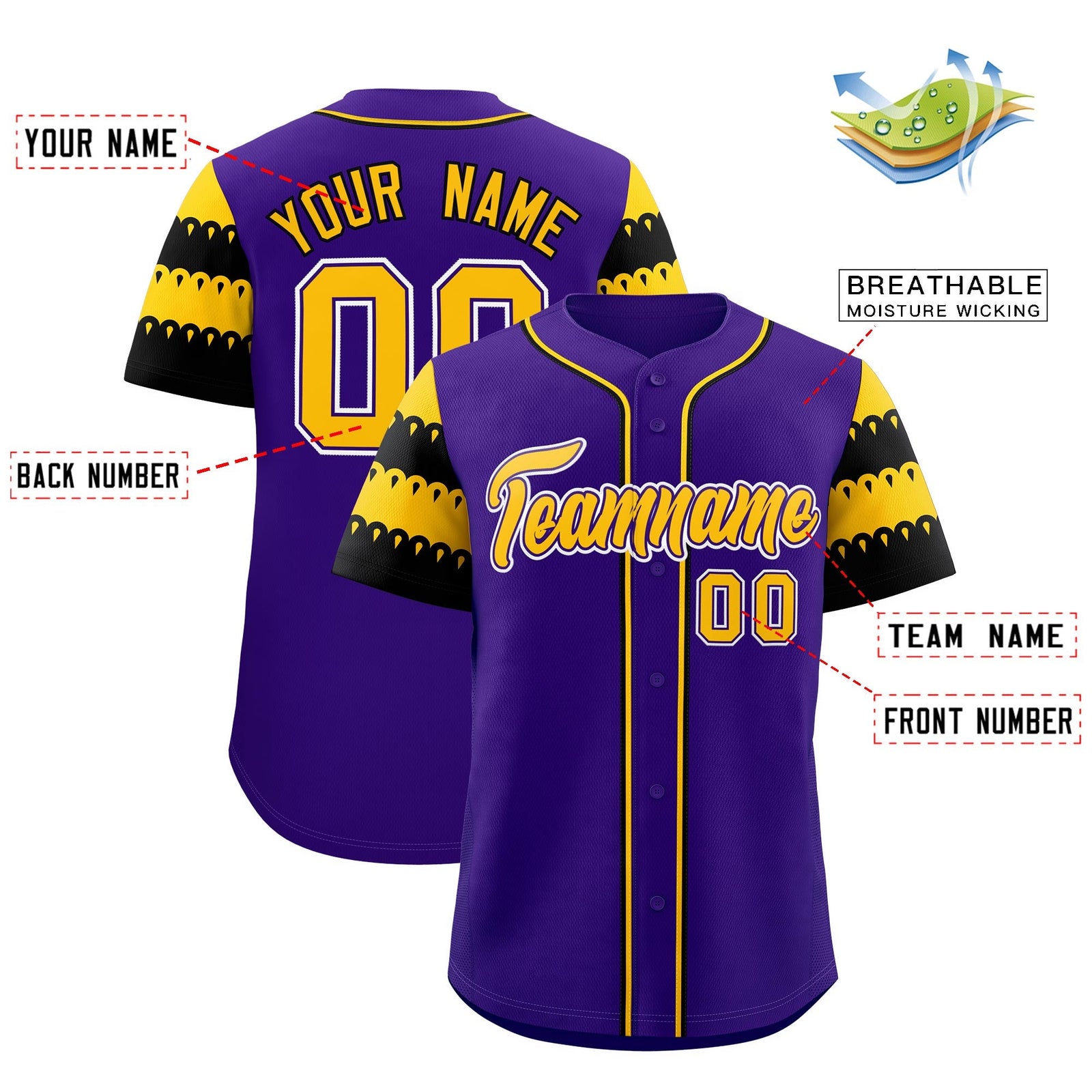 Custom Purple Gold Black Sleeve Flag Lace Baseball Jersey | Sublimation Printed & Embroidery,Add Name and Numbern,Perfect for Teams | KXKSHOP