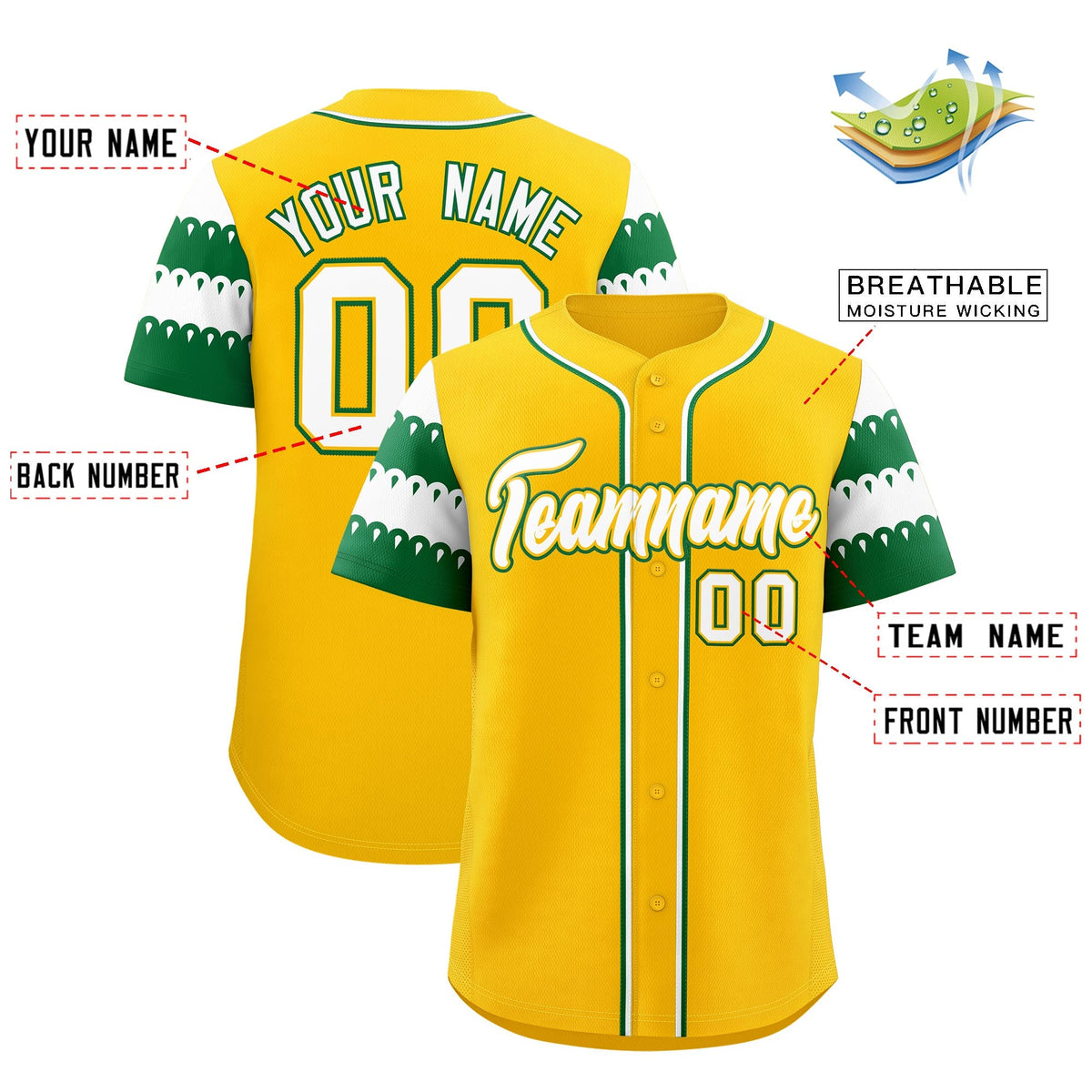 Custom Gold Kelly Green White Sleeve Flag Lace Baseball Jersey | Sublimation Printed &amp; Embroidery,Add Name and Numbern,Perfect for Teams | KXKSHOP