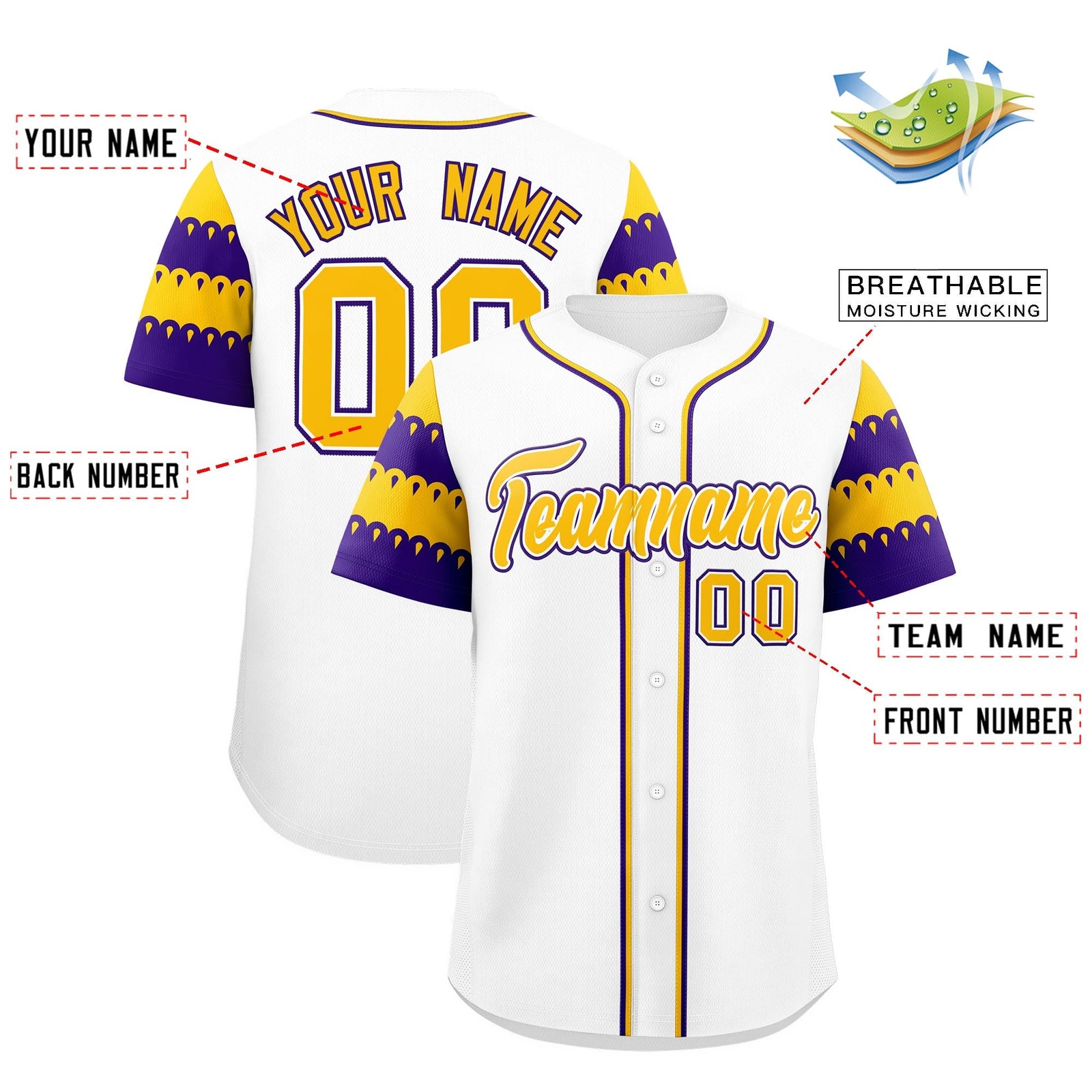 Custom White Gold Purple Sleeve Flag Lace Baseball Jersey | Sublimation Printed & Embroidery,Add Name and Numbern,Perfect for Teams | KXKSHOP
