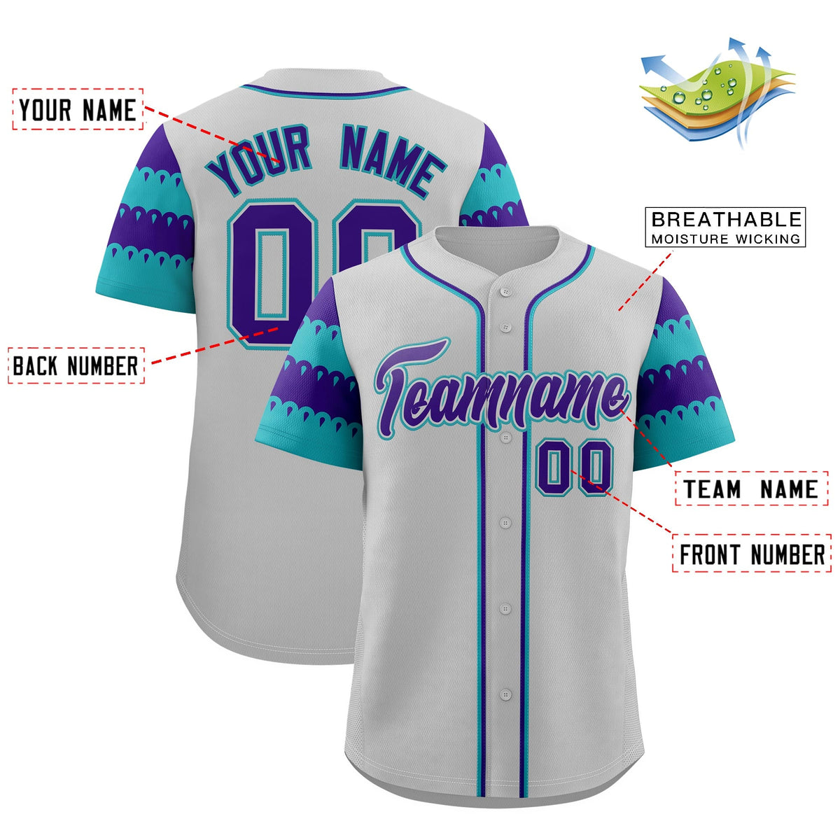Custom Gray Aqua Purple Sleeve Flag Lace Baseball Jersey | Sublimation Printed & Embroidery,Add Name and Numbern,Perfect for Teams | KXKSHOP