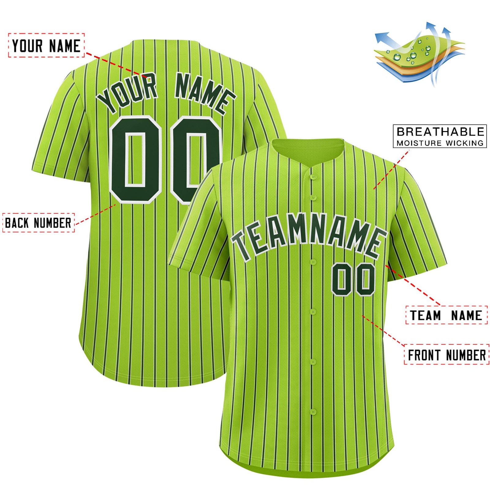 Custom Neon Green White Tricolor Stripe Fashion Authentic Baseball Jersey