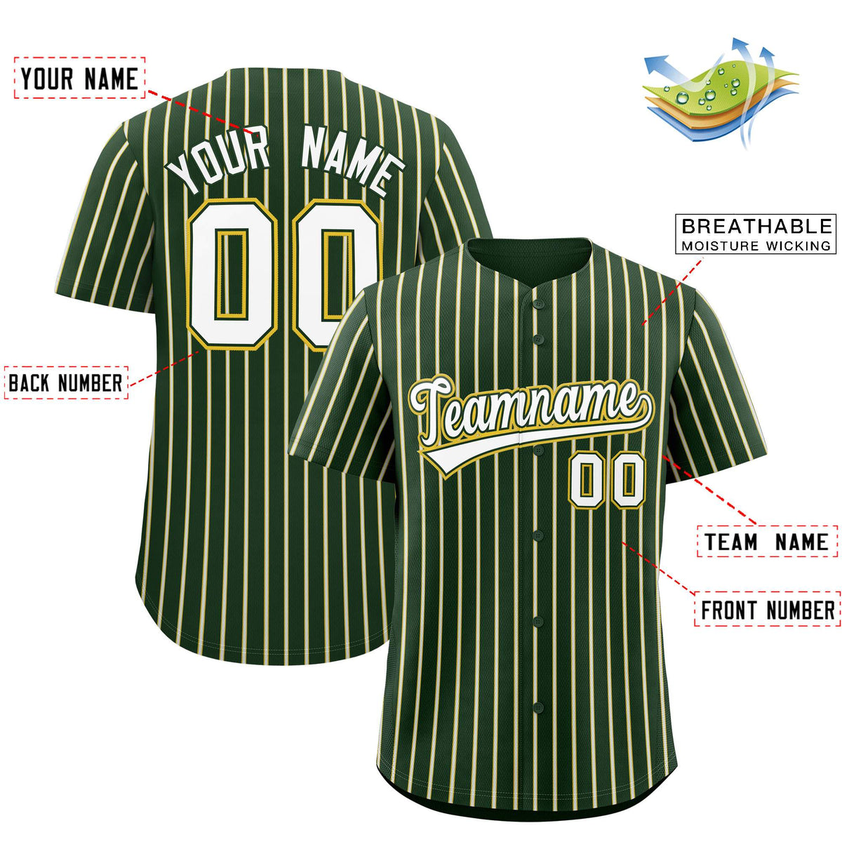Custom Green Gold Tricolor Stripe Fashion Authentic Baseball Jersey