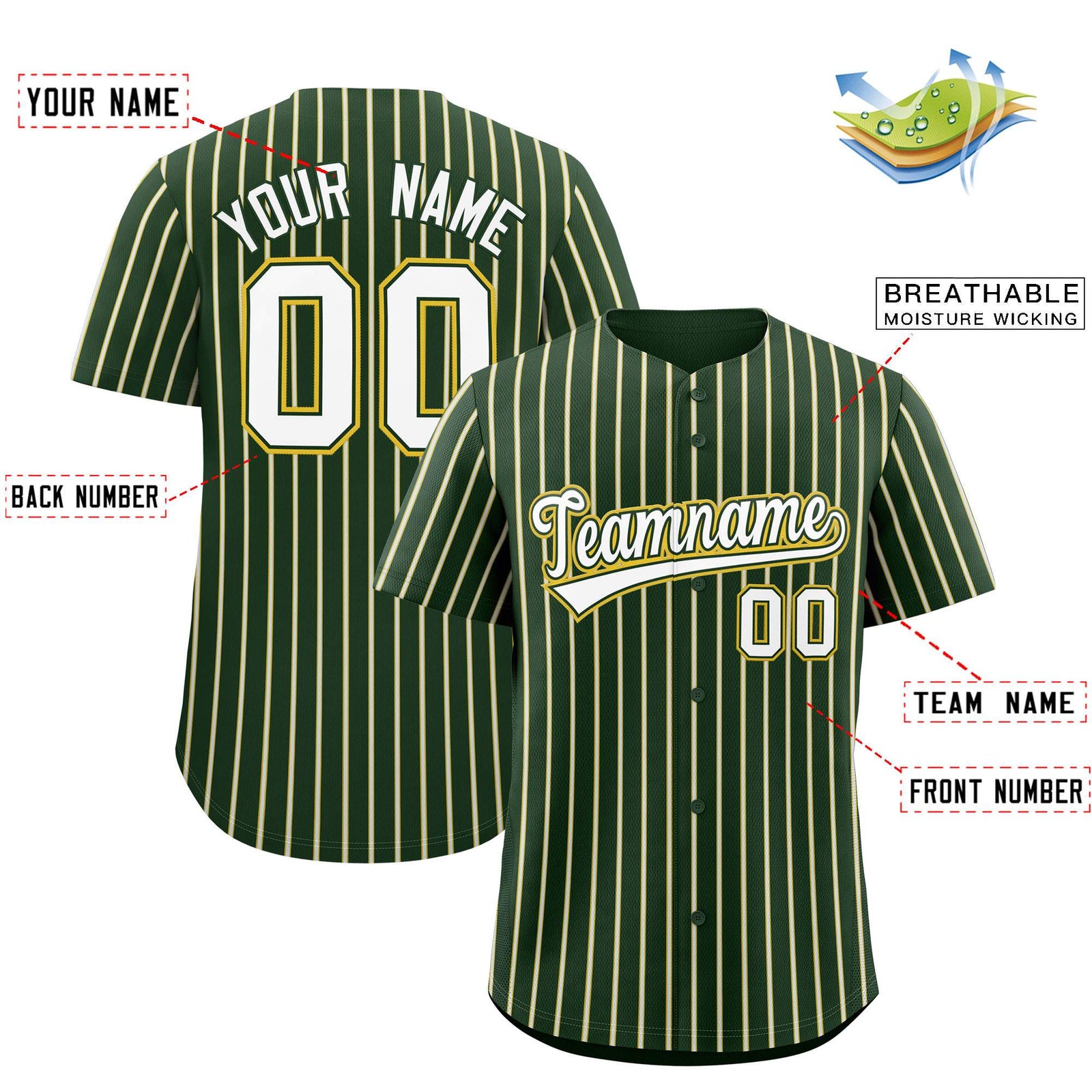 Custom Green Gold Tricolor Stripe Fashion Authentic Baseball Jersey