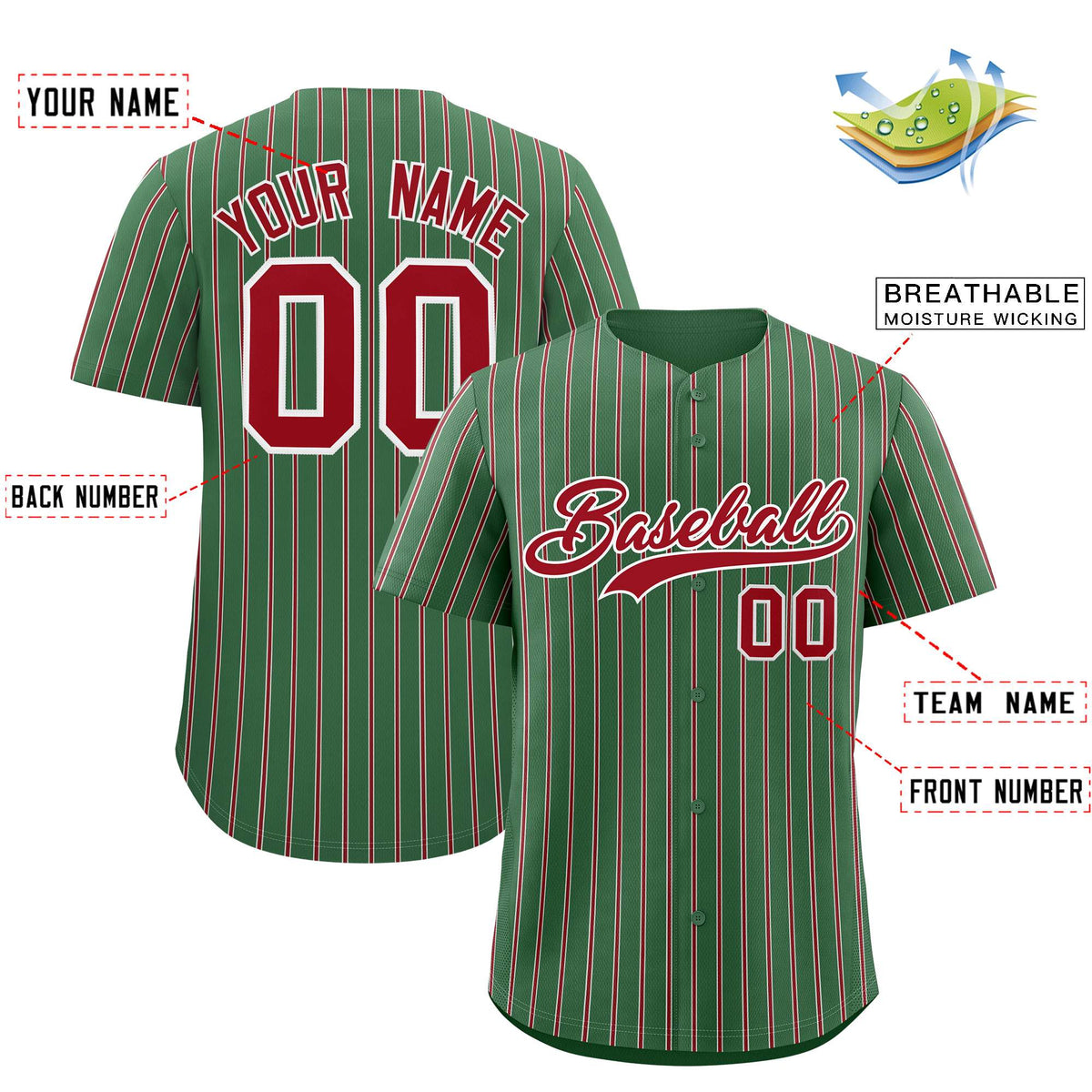Custom Kelly Green White Tricolor Stripe Fashion Authentic Baseball Jersey