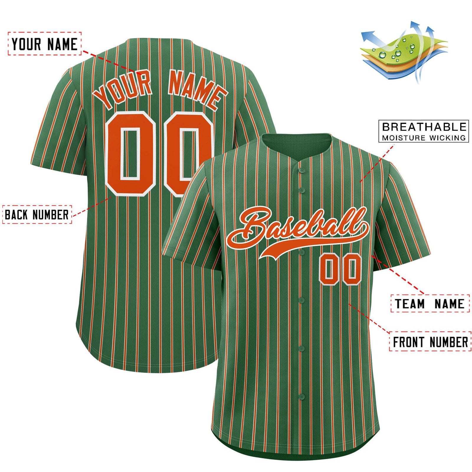 Custom Kelly Green White Tricolor Stripe Fashion Authentic Baseball Jersey