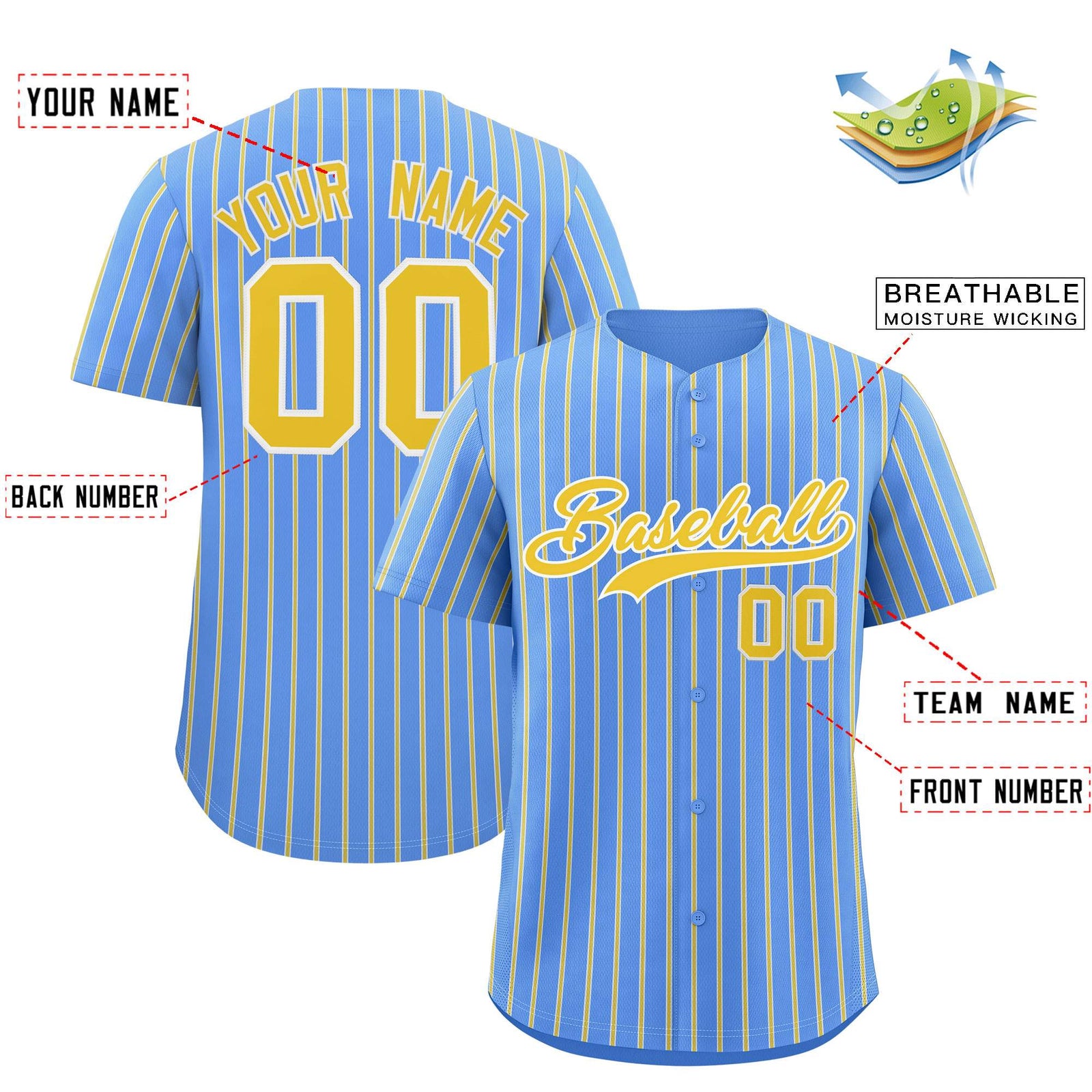 Custom Powder Blue White Tricolor Stripe Fashion Authentic Baseball Jersey