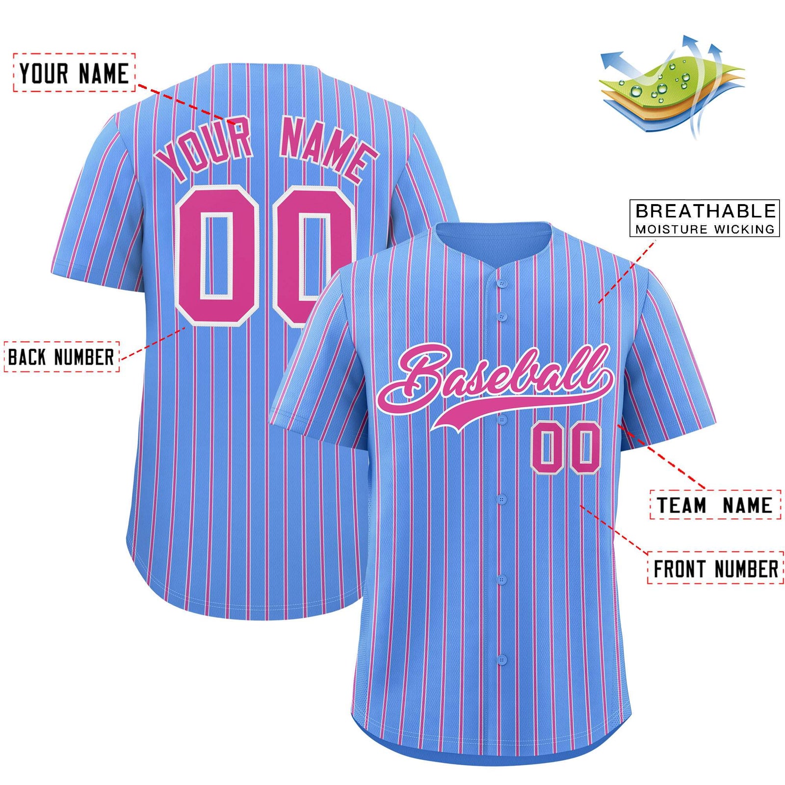 Custom Powder Blue White Tricolor Stripe Fashion Authentic Baseball Jersey