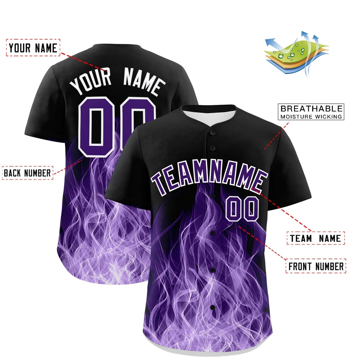 Custom Black Purple White Flame Graffiti Pattern Personalization Baseball Jersey| KXKSHOP