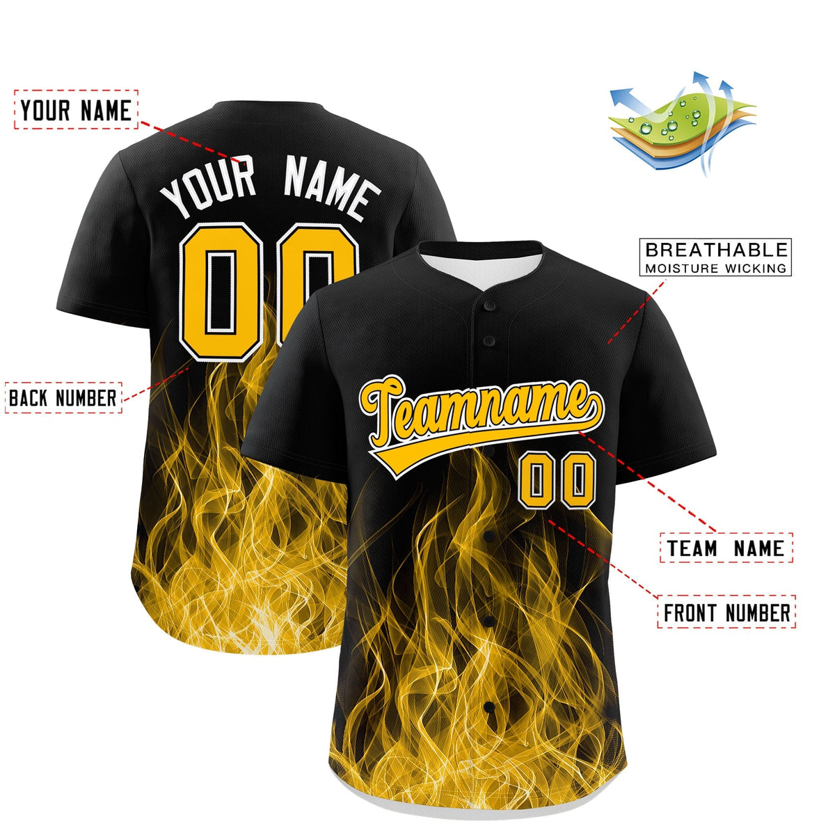 Custom Black Yellow White Flame Graffiti Pattern Personalization Baseball Jersey| KXKSHOP