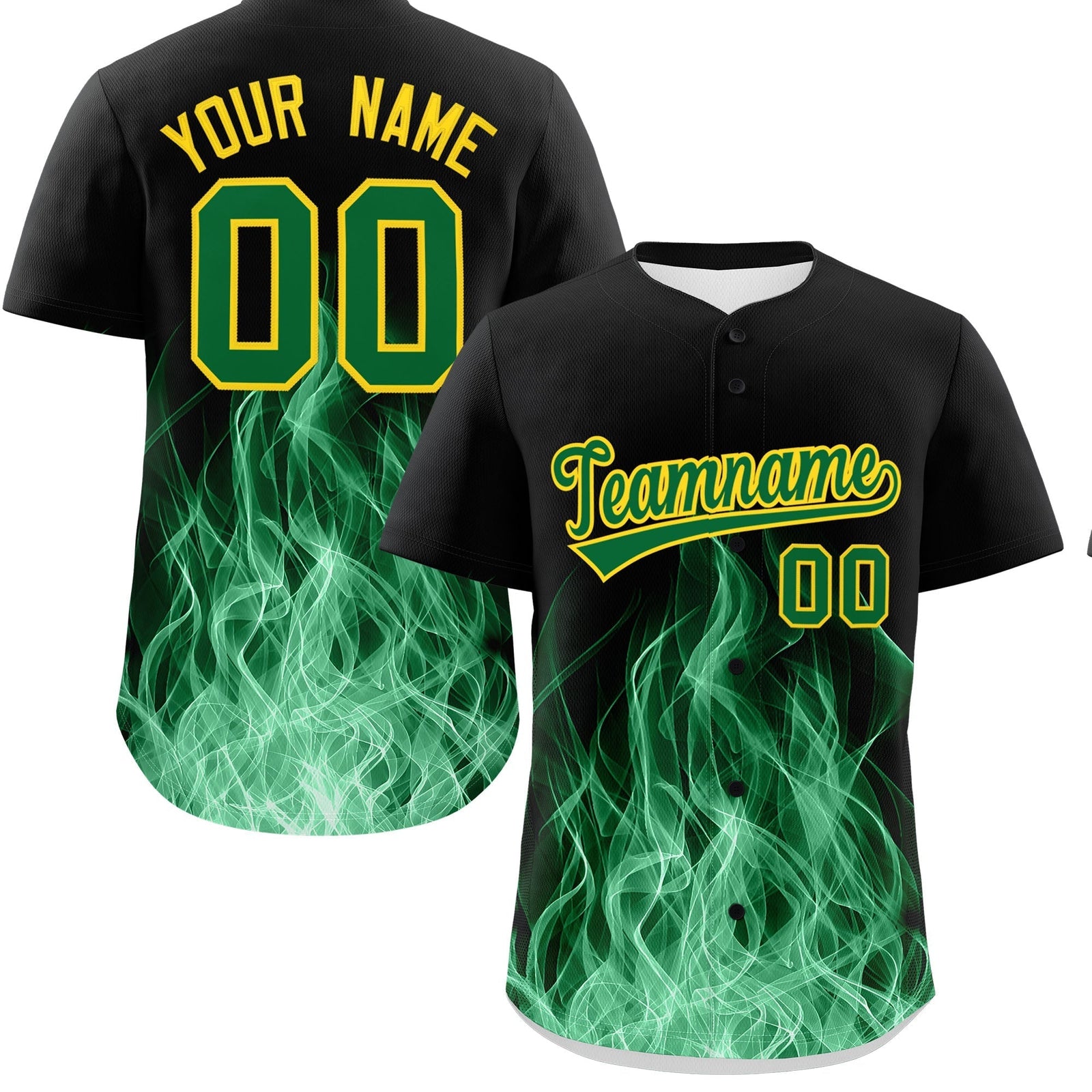 Custom Black Kelly Green Gold Flame Graffiti Pattern Personalization Baseball Jersey| KXKSHOP