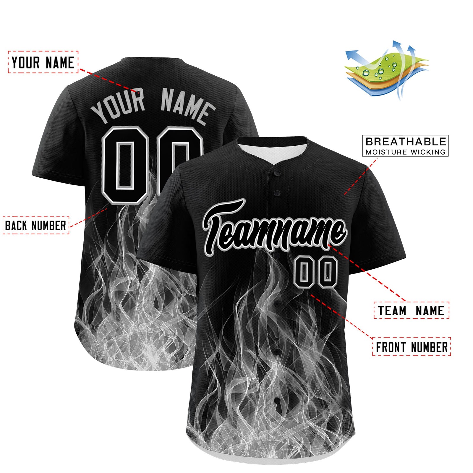 Custom Black White Gray Flame Graffiti Pattern Personalization Baseball Jersey| KXKSHOP