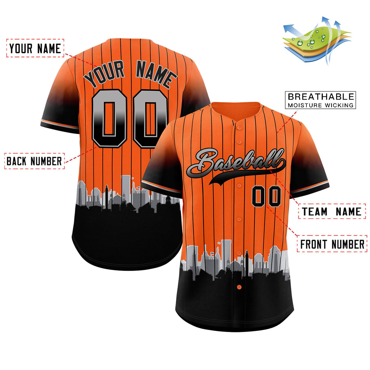 Custom Orange Baltimore City Silhouette Authentic Baseball Jersey